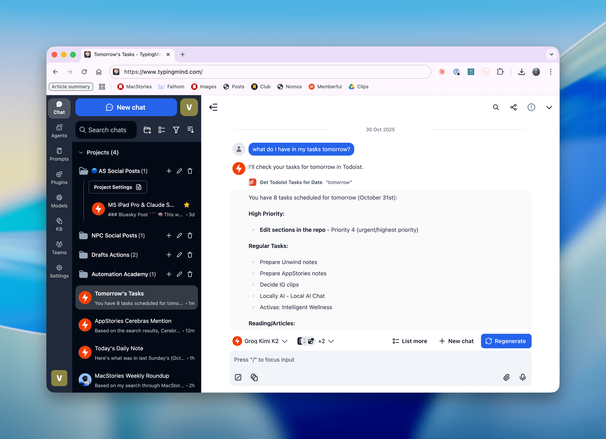 Kimi K2, hosted on Grow, running in TypingMind with a custom plugin I made.