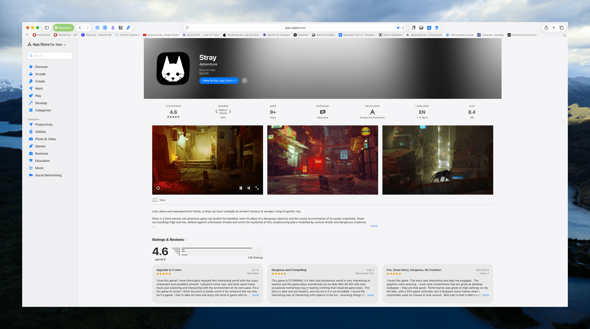 Stray is $29.99, but you'll need to open the Mac App Store app to buy it.