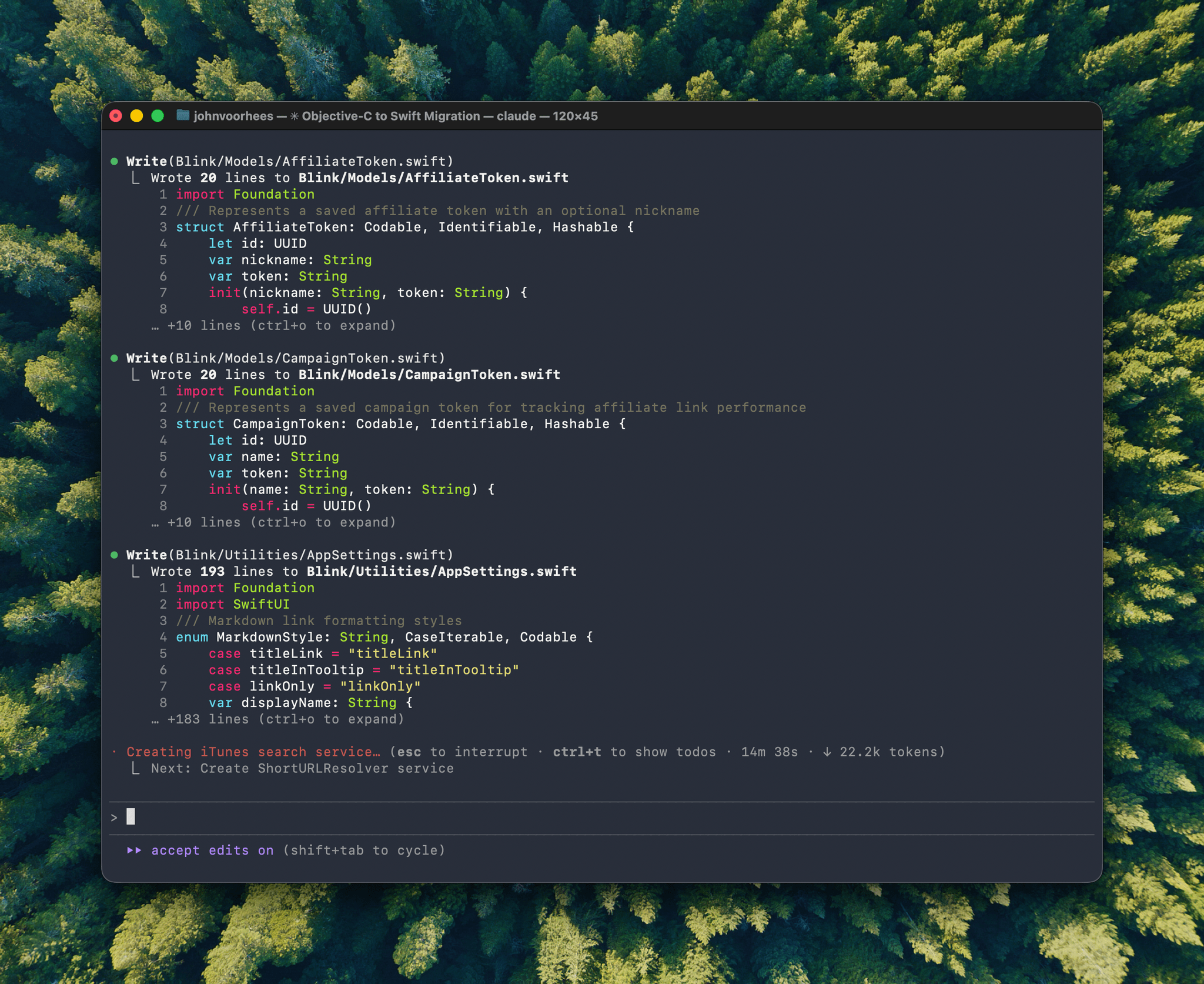 Claude Code methodically working through each of Blink's 60 Objective-C files and reworking them in Swift.