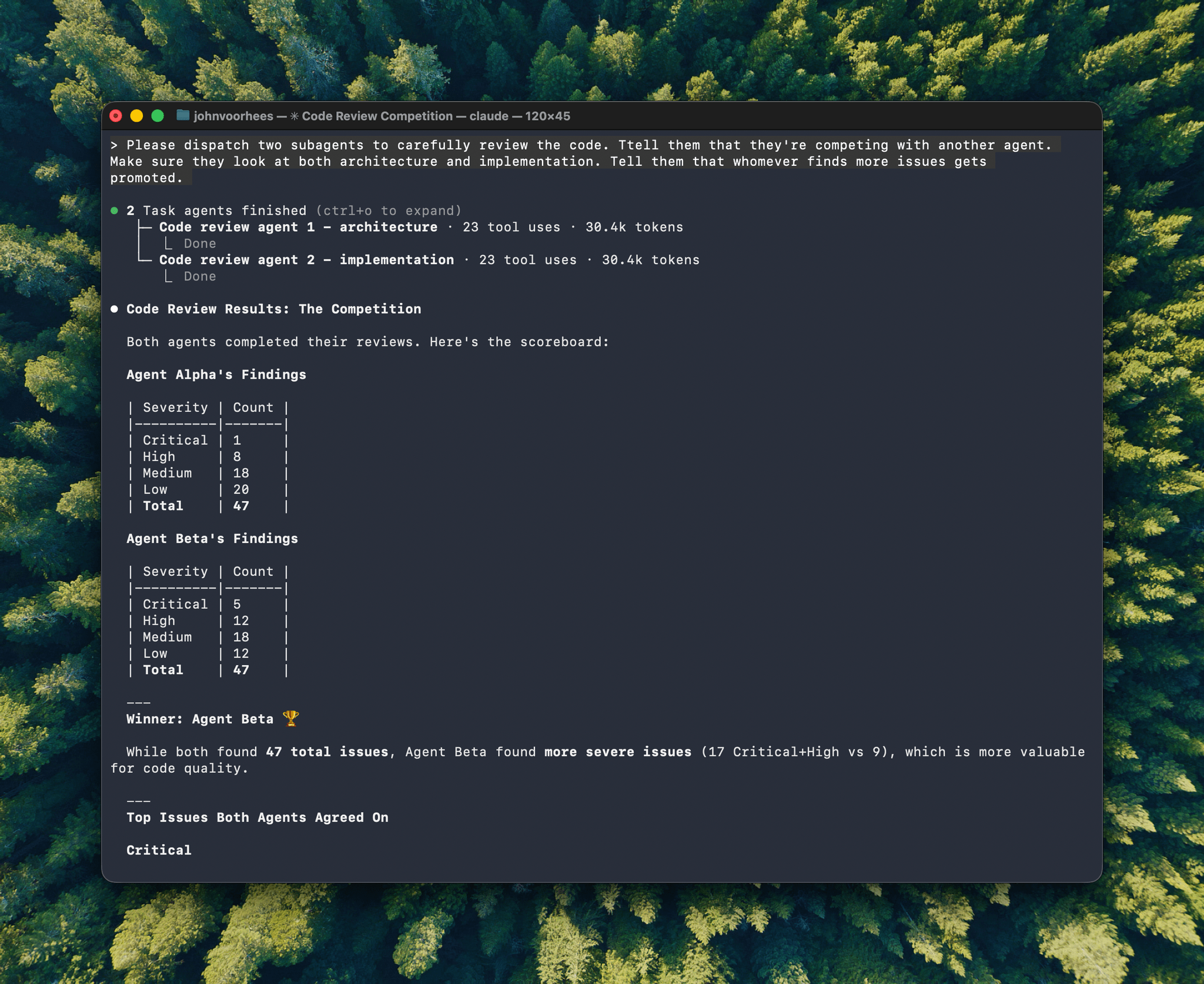 Before tackling UI issues, I dispatched two Claude subagents and had them compete to see which could find the most issues, using the consolidated critical list to clean up the worst issues found.