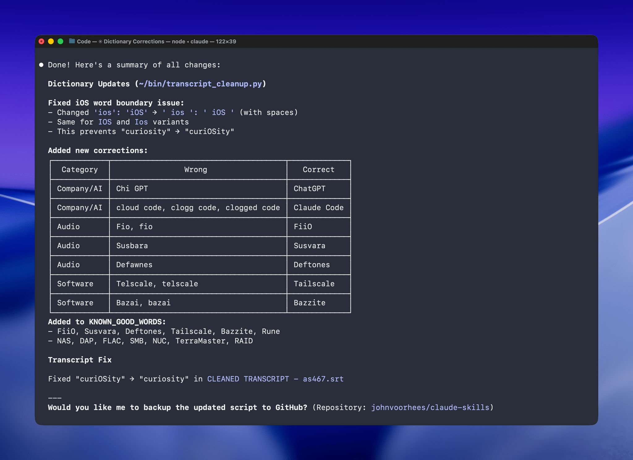 A list of obscure words Claude suggested changing. Every one was correct.