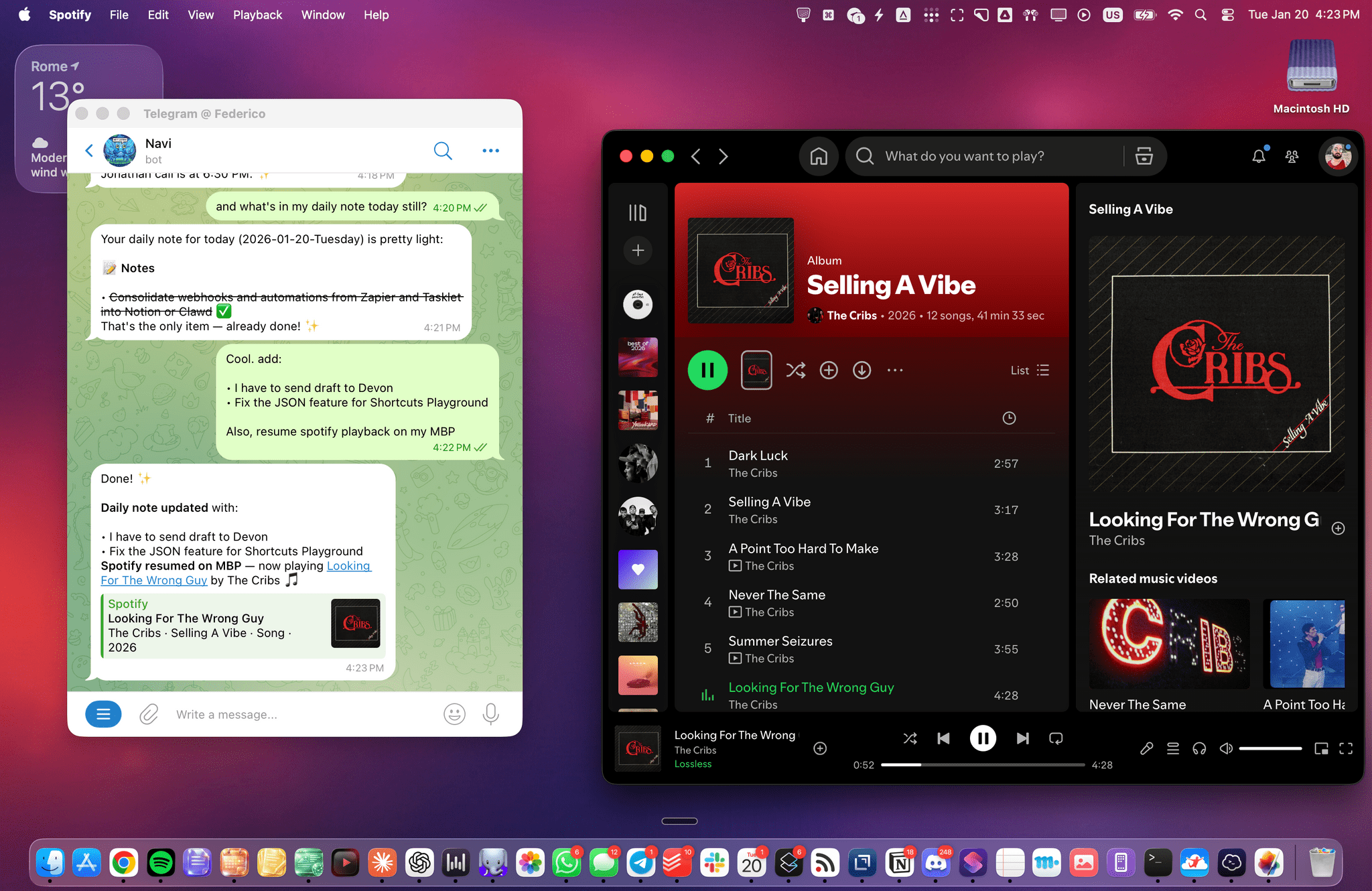 Working with Clawdbot on my MacBook Pro. The assistant has access to my Notion and can even control Spotify playback via a Spotify integration.