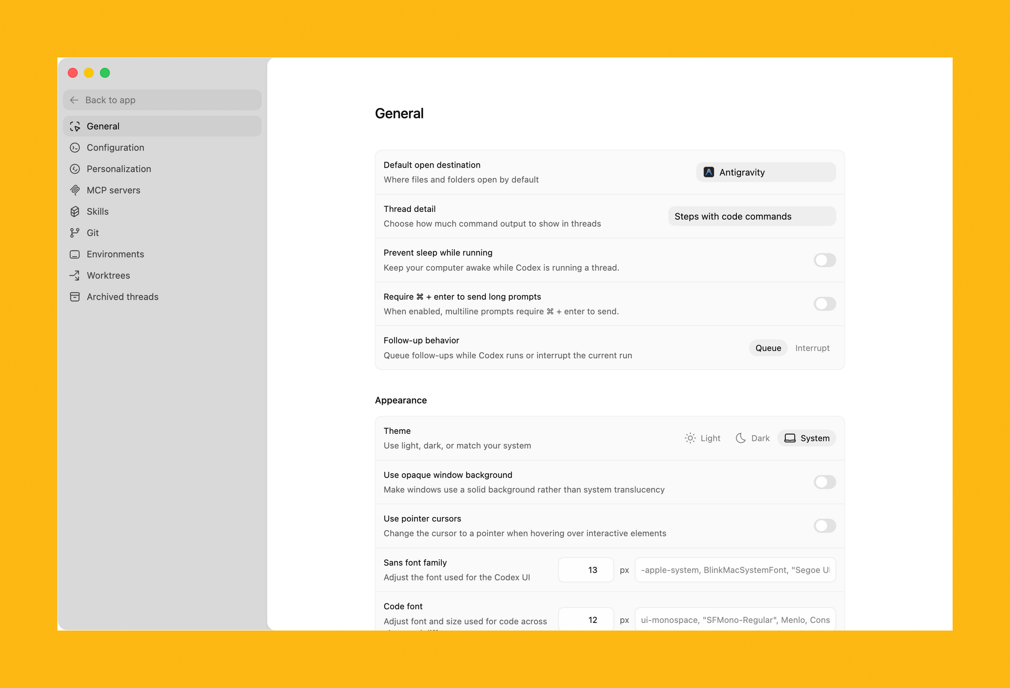 Some of Codex's customization options.