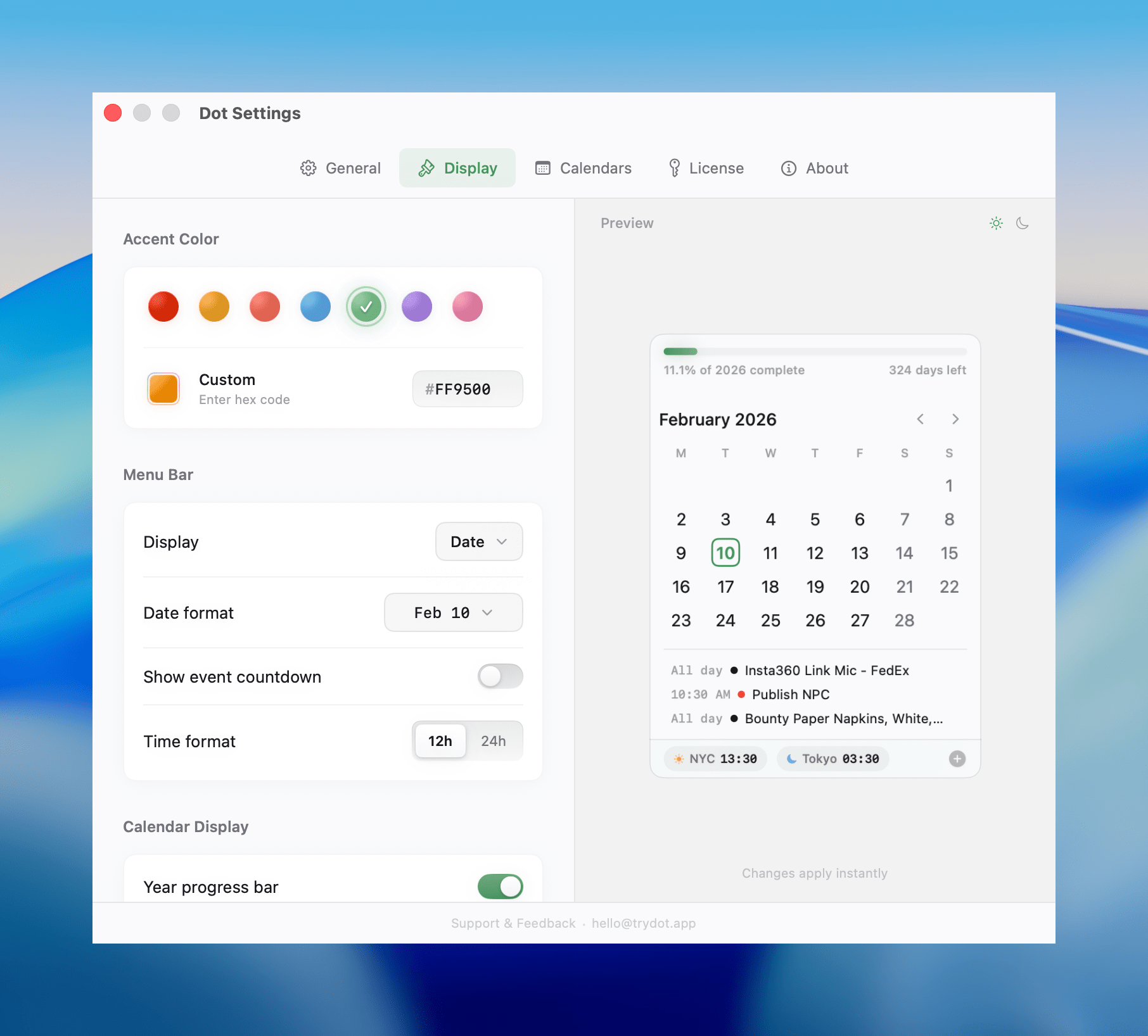 I appreciate that Dot provides a preview of what changing settings does to the app's UI.