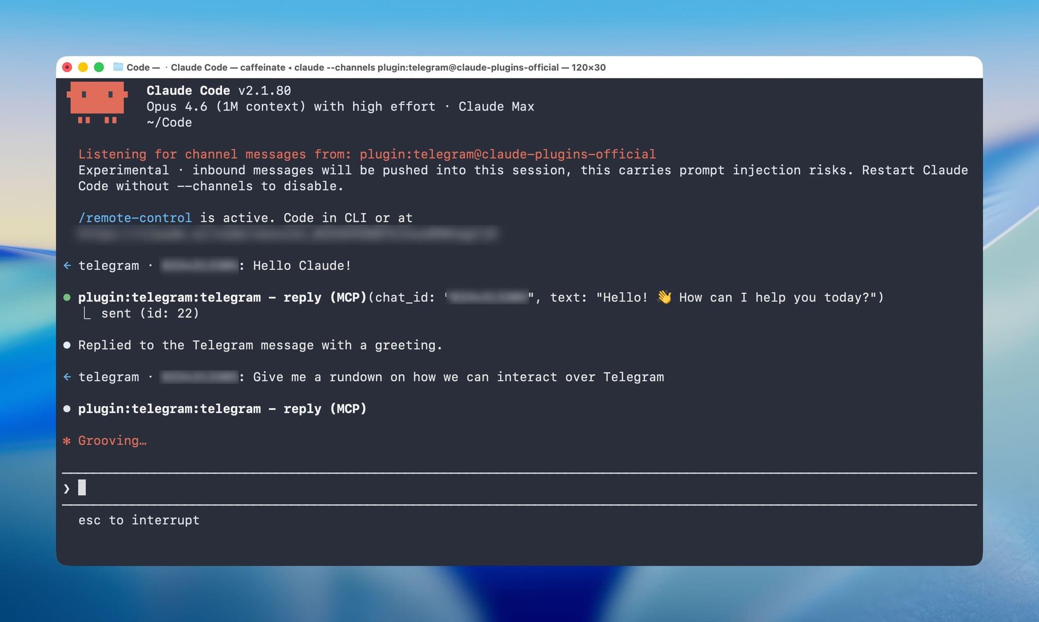 Here's what a Telegram session looks like on the Mac end of the conversation.
