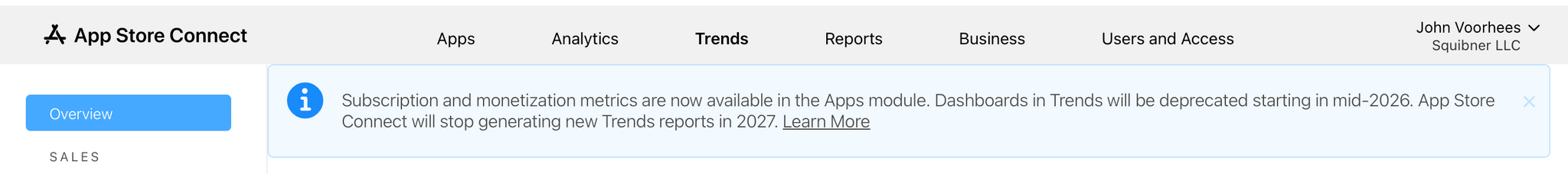 Some data reported in App Store Connect is being deprecated later this year and next.