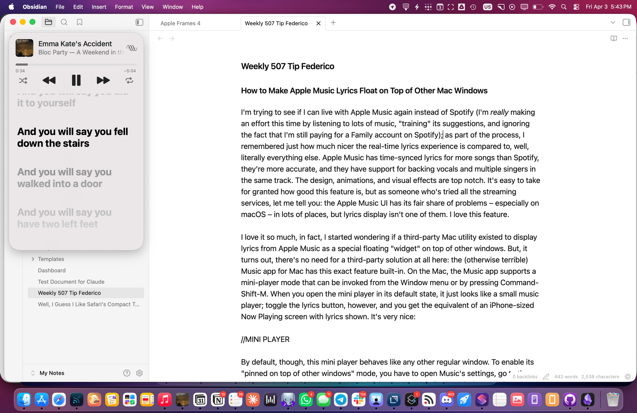 Apple Music lyrics inside Obsidian.