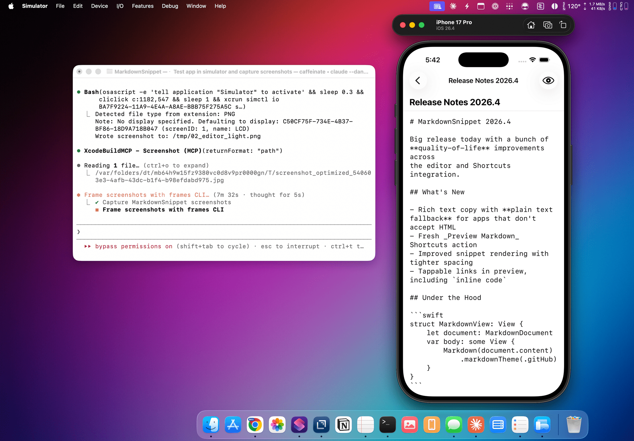 Here's Claude Code testing an iOS app in the Simulator and capturing screenshots.