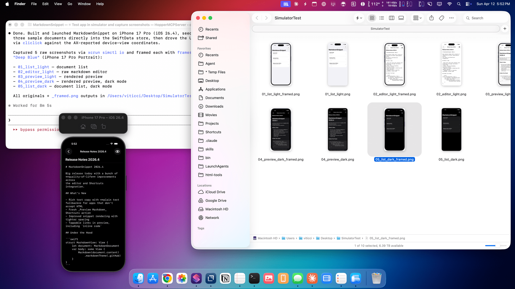 The screenshots captured and framed by Claude Code thanks to the Apple Frames CLI and its skill.