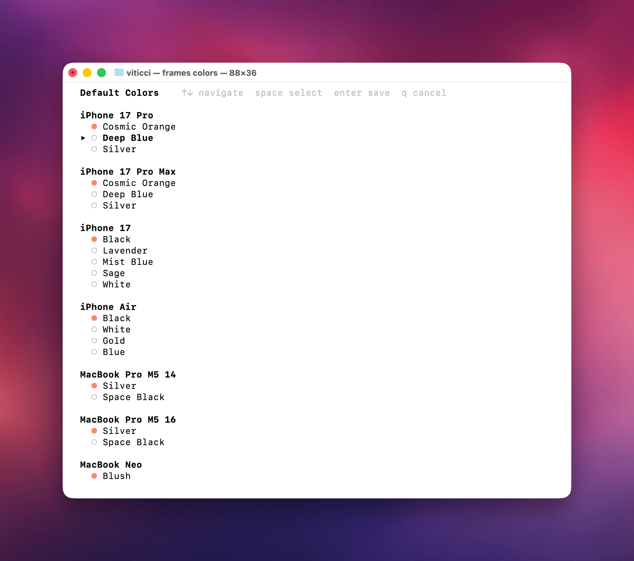 The interactive color picker for the Apple Frames CLI.
