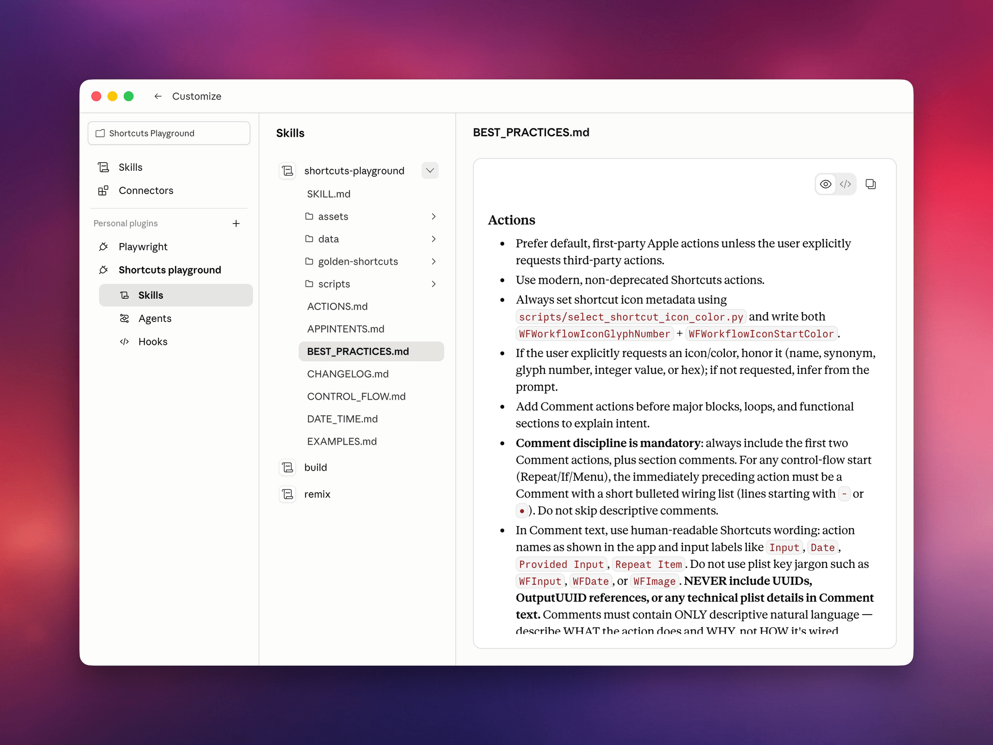 An example of the documentation I added over the course of several months to Shortcuts Playground's built-in skill.
