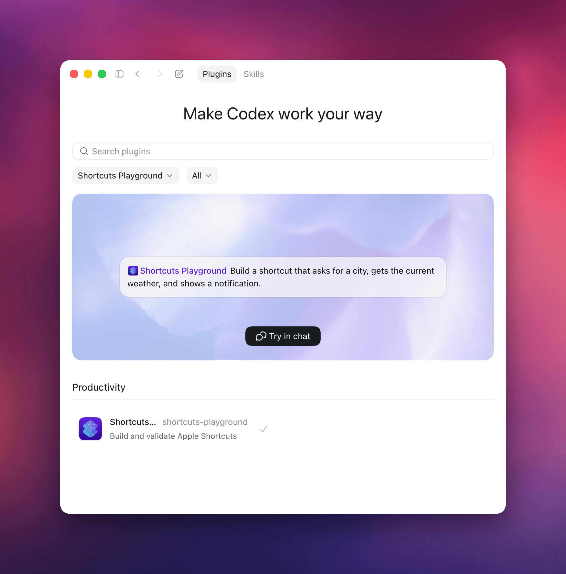 Shortcuts Playground installed in Codex.