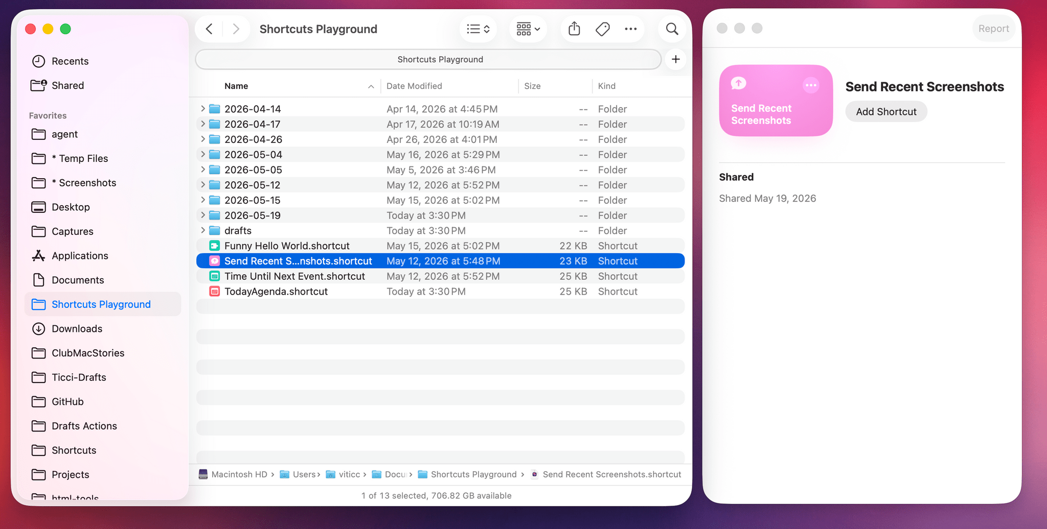 The folder used by Shortcuts Playground and the resulting .shortcut files you can install.