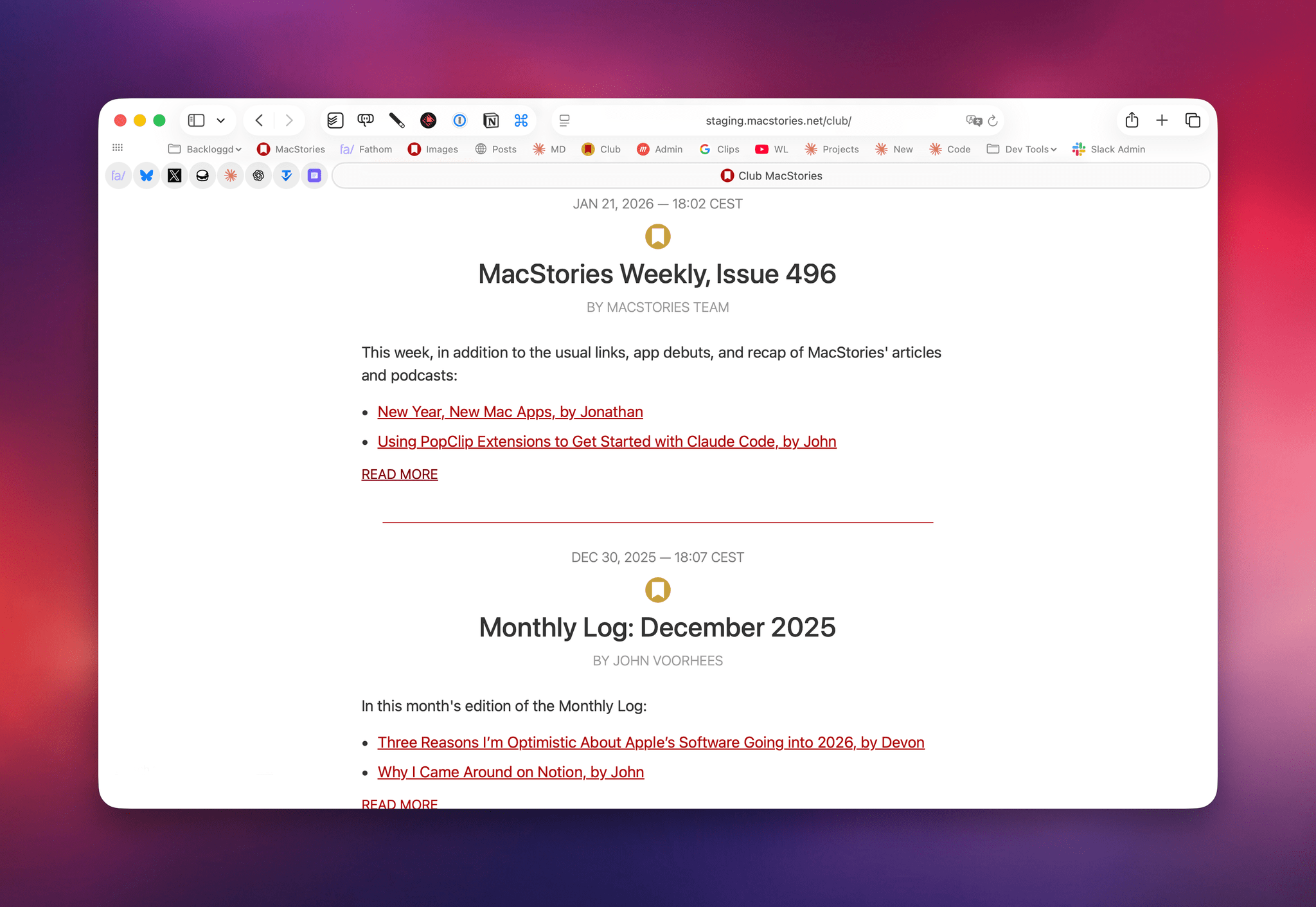 The dedicated Club homepage on MacStories for members.