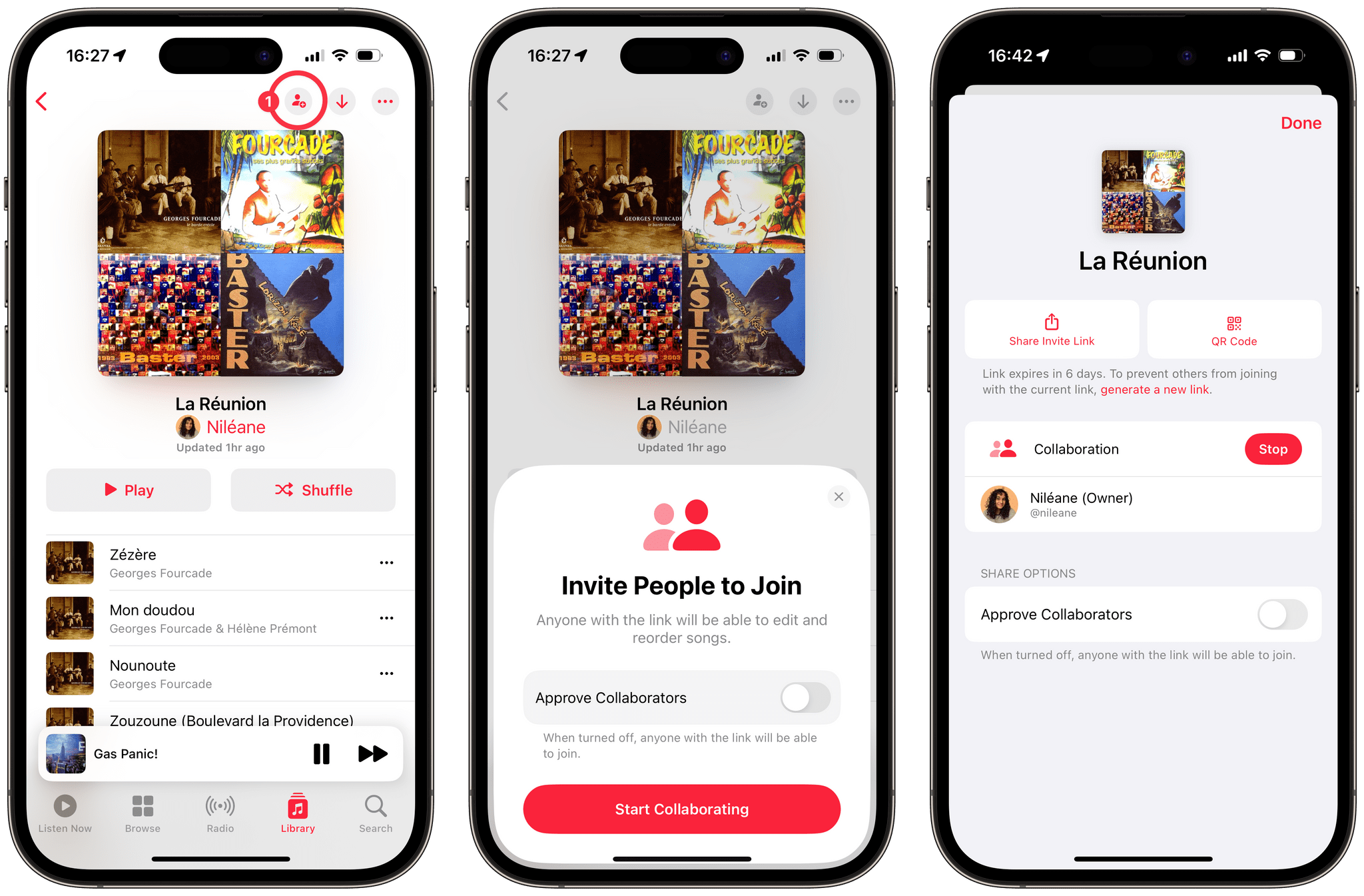 Any of your existing playlists can be turned into a collaborative playlist (1), and shared via the share sheet or a QR Code. The playlist owner can choose to manually approve new collaborators.