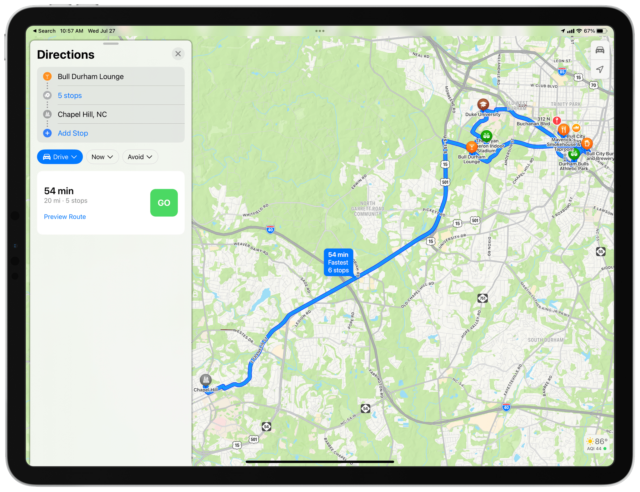 A multi-stop route with intermediate stops collapsed.