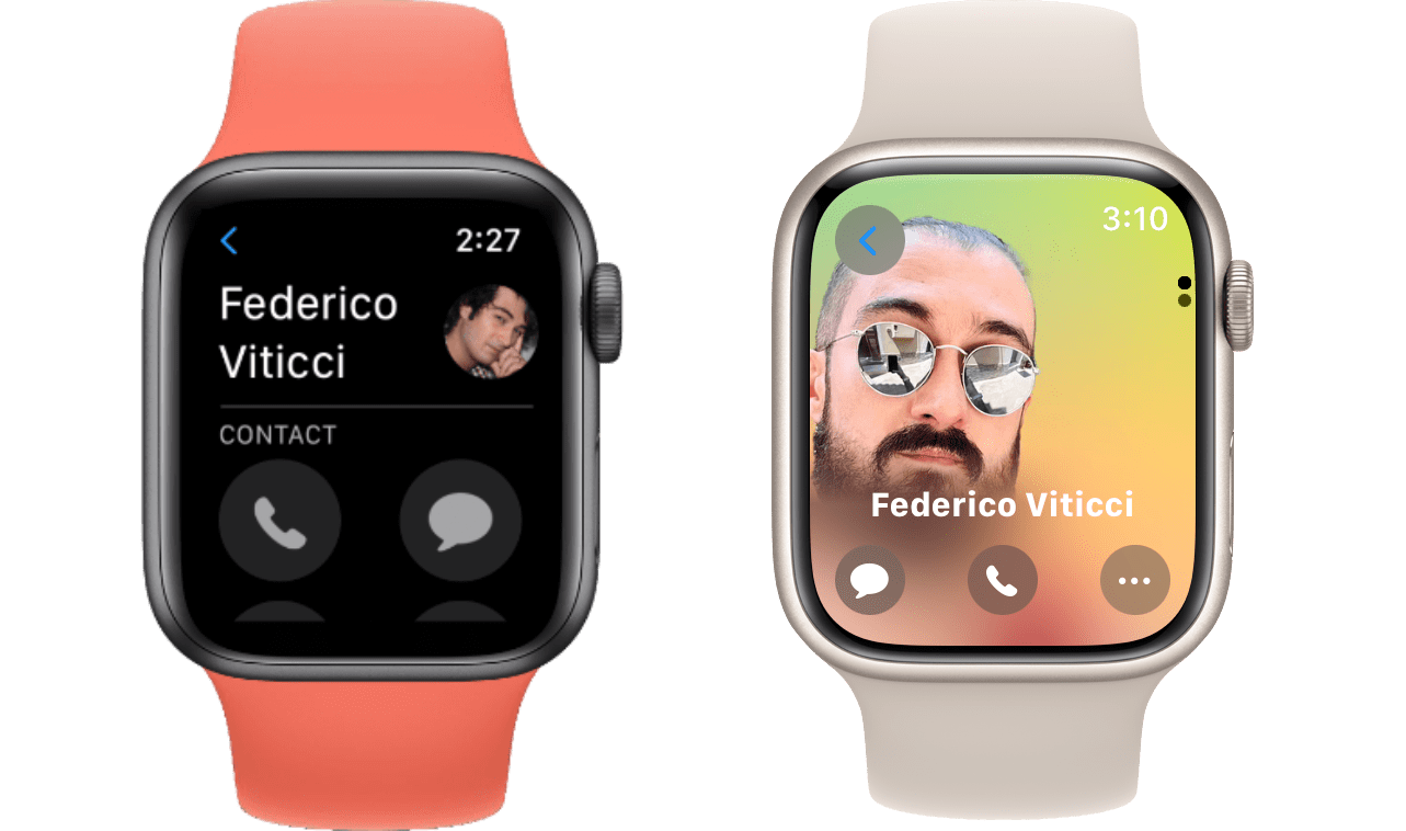 Viewing a contact in the Contacts app in watchOS 9 (left) and watchOS 10 (right).