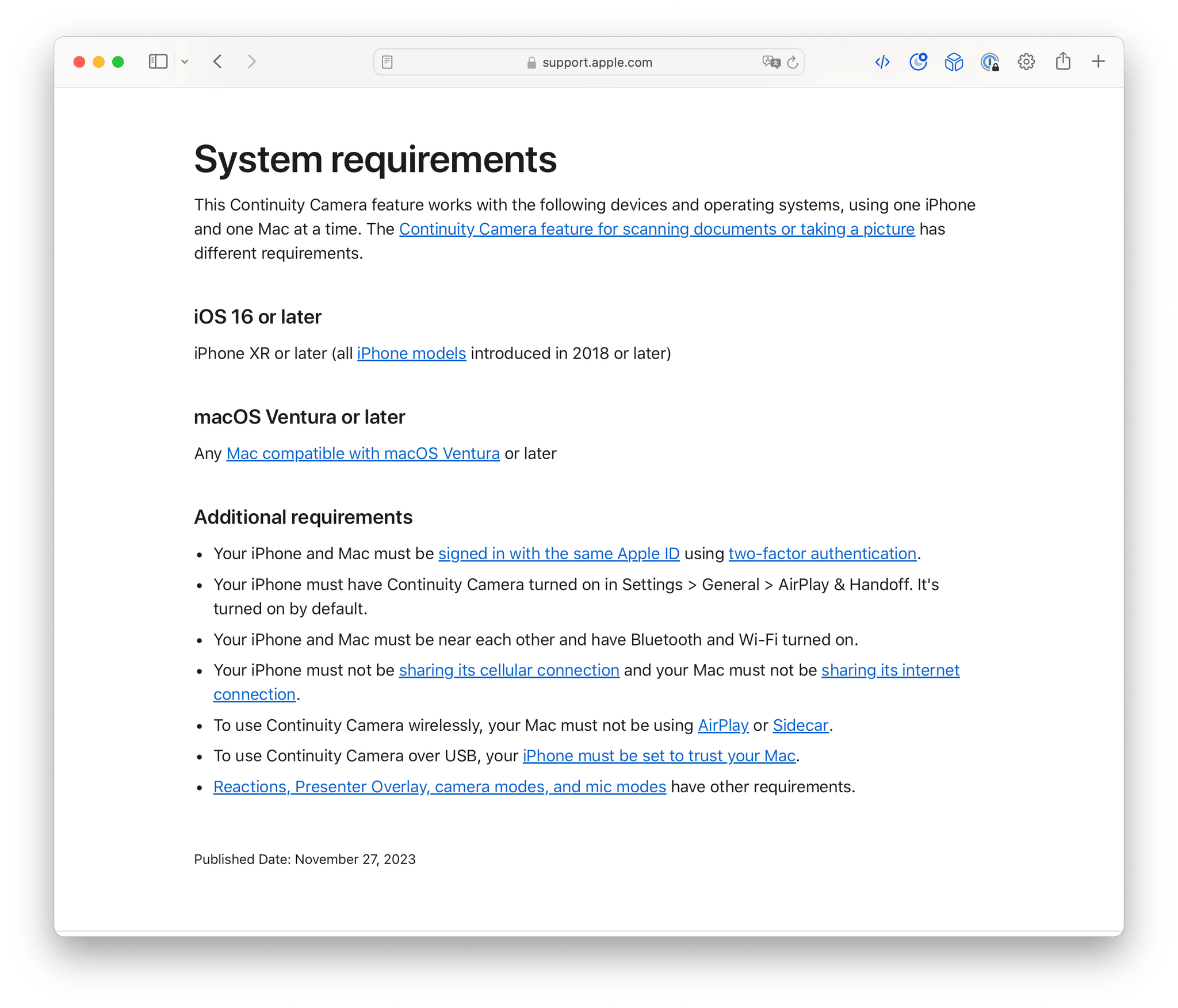 Despite meeting all the system requirements listed by Apple Support, Continuity Camera in wireless mode frequently stopped working on my Mac.