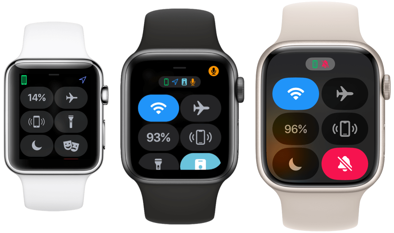 The "evolution" of Control Center from watchOS 4, to watchOS 8, to watchOS 10.