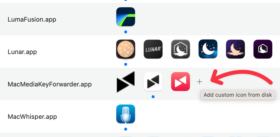 It is hard to spot at first, but a tiny “+” button will appear if you hover over an app row in Replacicon. Clicking it will allow you to pick any image file to use as a custom icon.