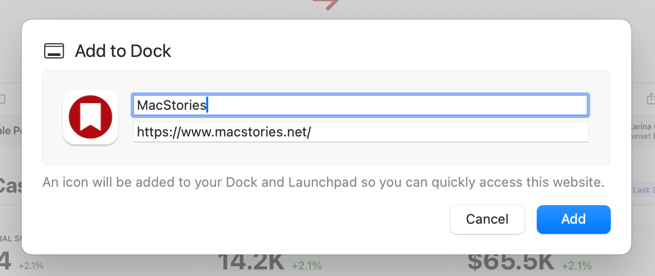 In macOS Sonoma, web apps can be added to the Dock. Clicking the suggested app icon opens the file picker, making it possible to select any image file as the web app icon.