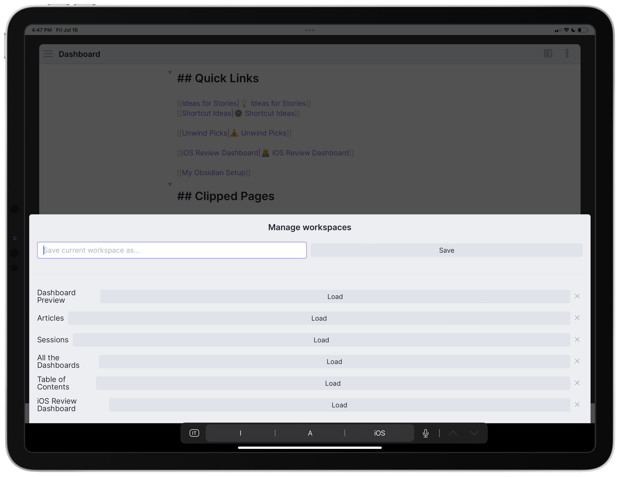 Managing workspaces in Obsidian.