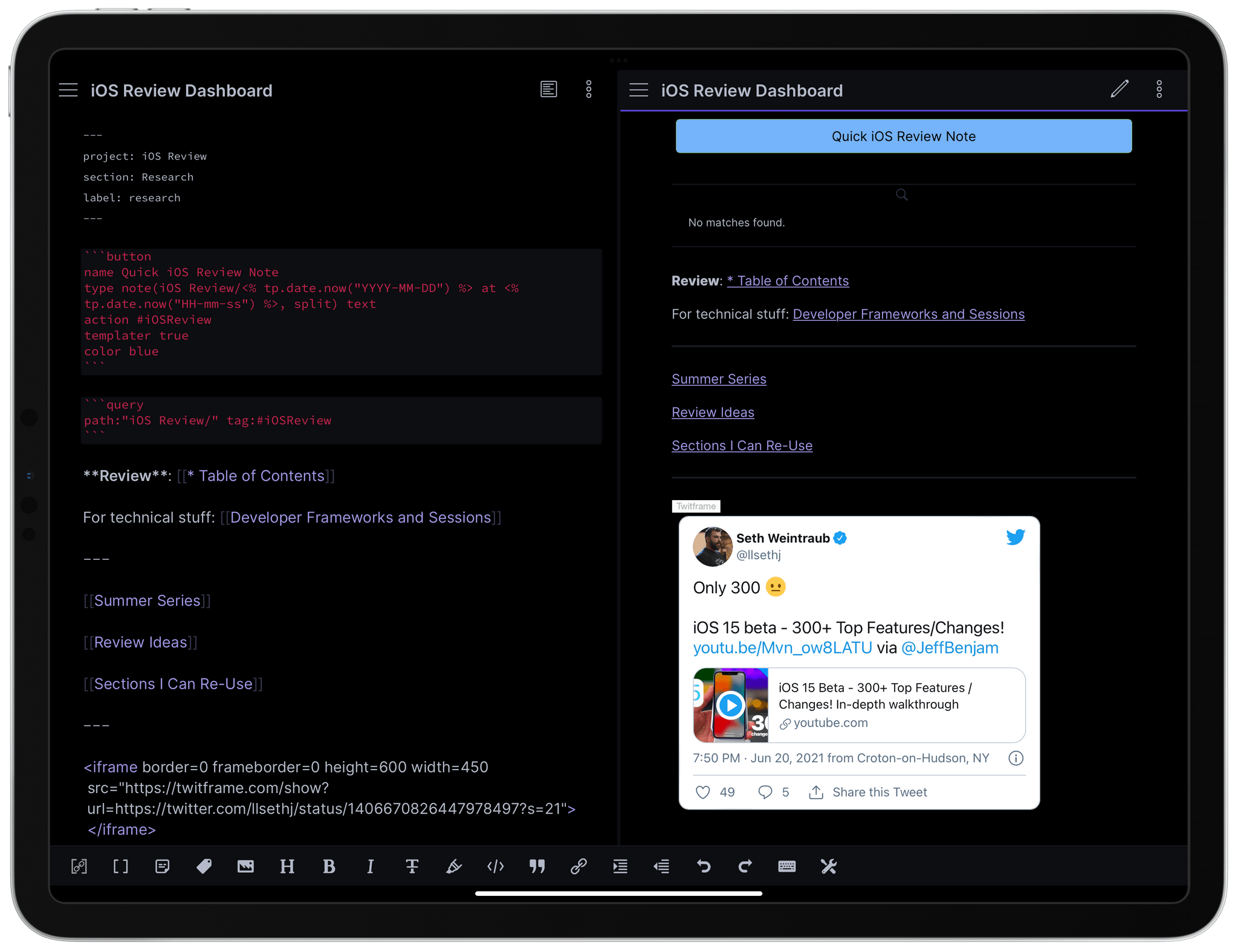 A workspace showing the same note in editor and preview mode side by side.