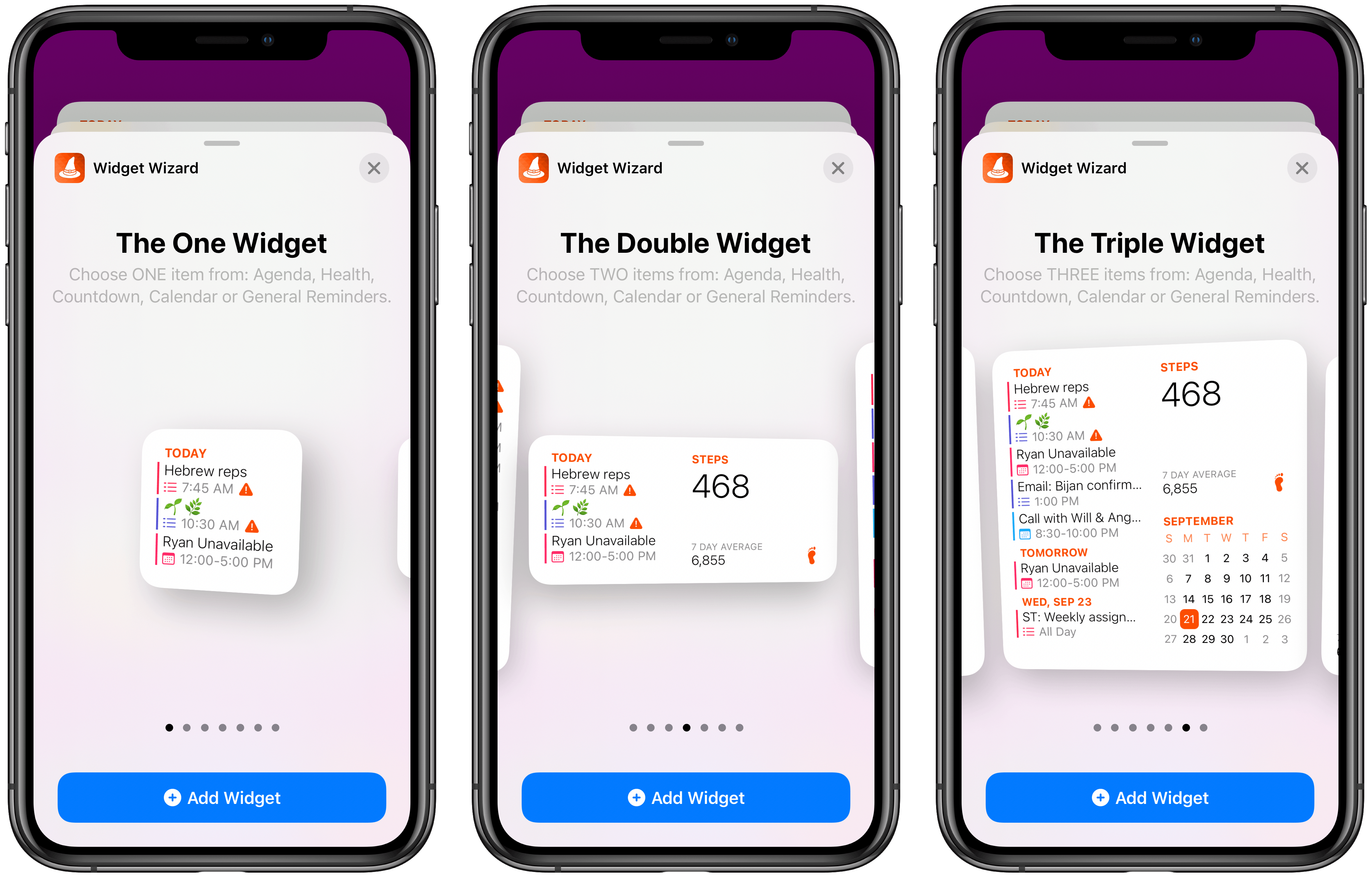 The three main widget types of Widget Wizard.