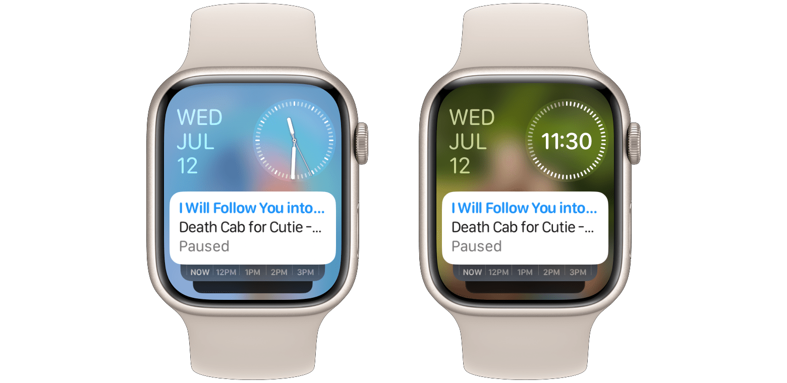 Analog and digital variations of the Smart Stack, which are currently chosen automatically based on which watch face you're using.