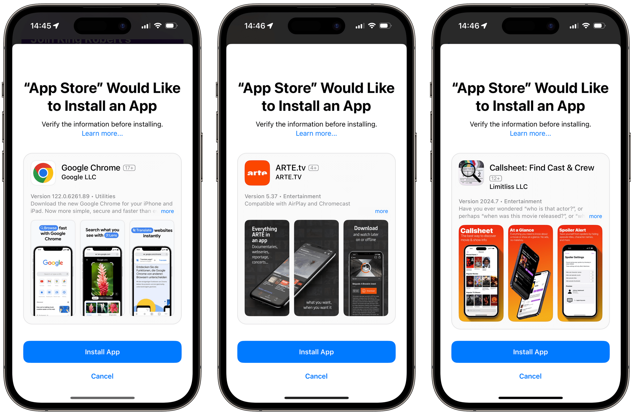 This confirmation screen should appear when installing an app from alternative marketplaces in the EU, starting in iOS 17.4.