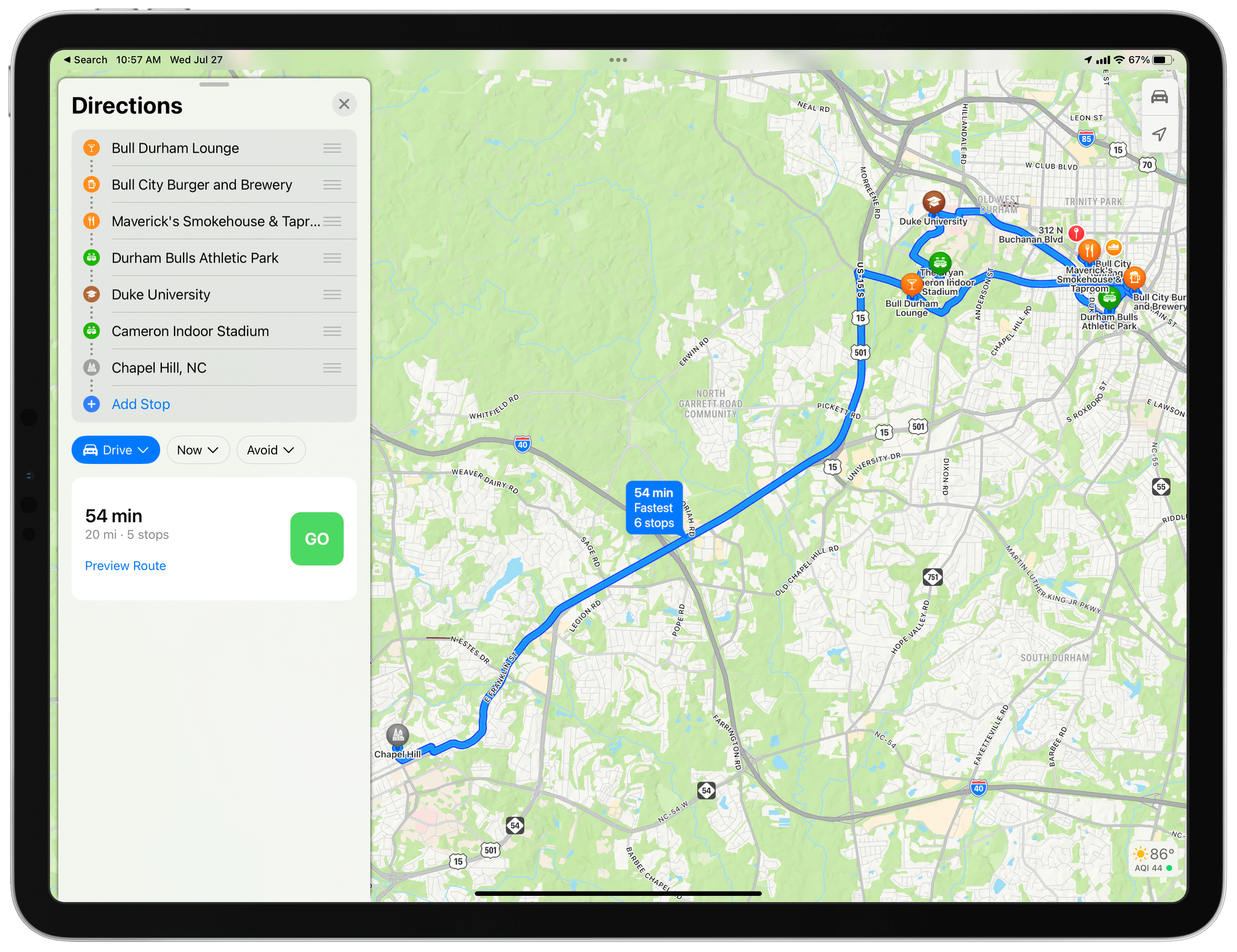 A multi-stop route with each stop displayed.