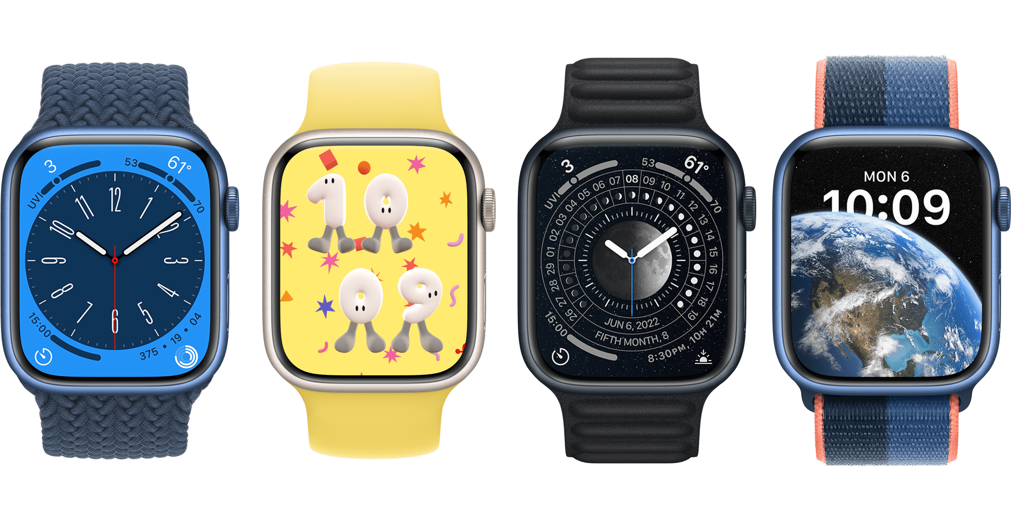 From left: the new Metropolitan, Playtime, Lunar, and Astronomy watch faces