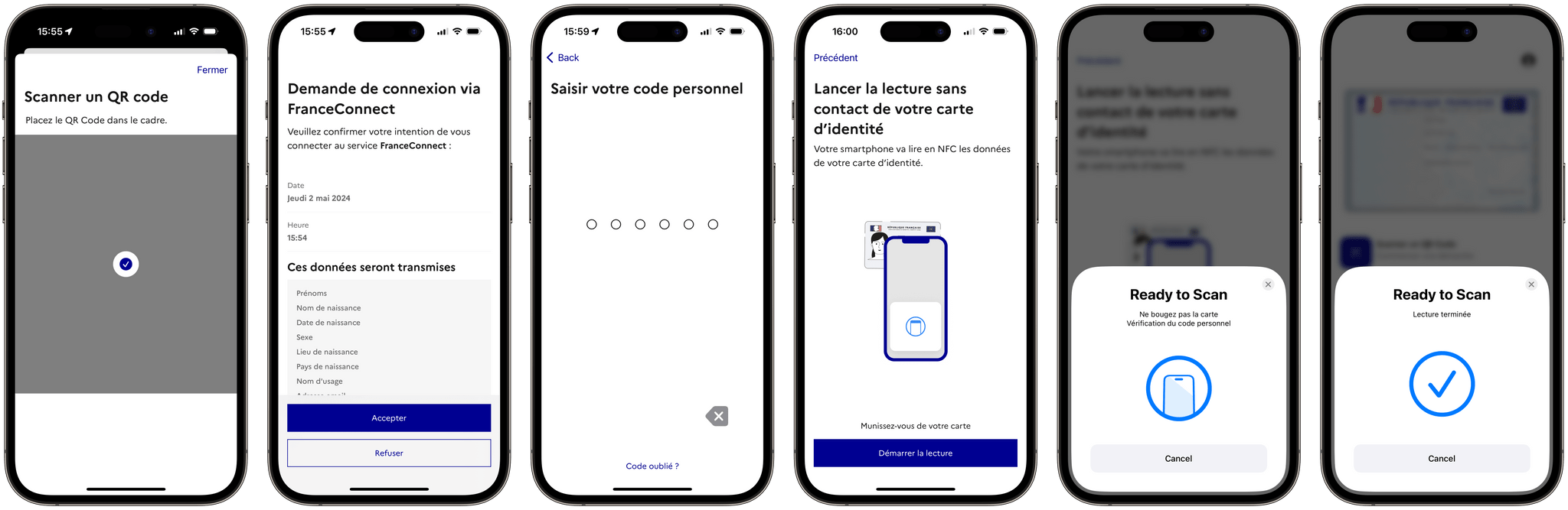 Using France Identité to log in to an online public service is a five-step process involving scanning a QR code, approving the connection, entering your ID passcode, and scanning your physical ID card.