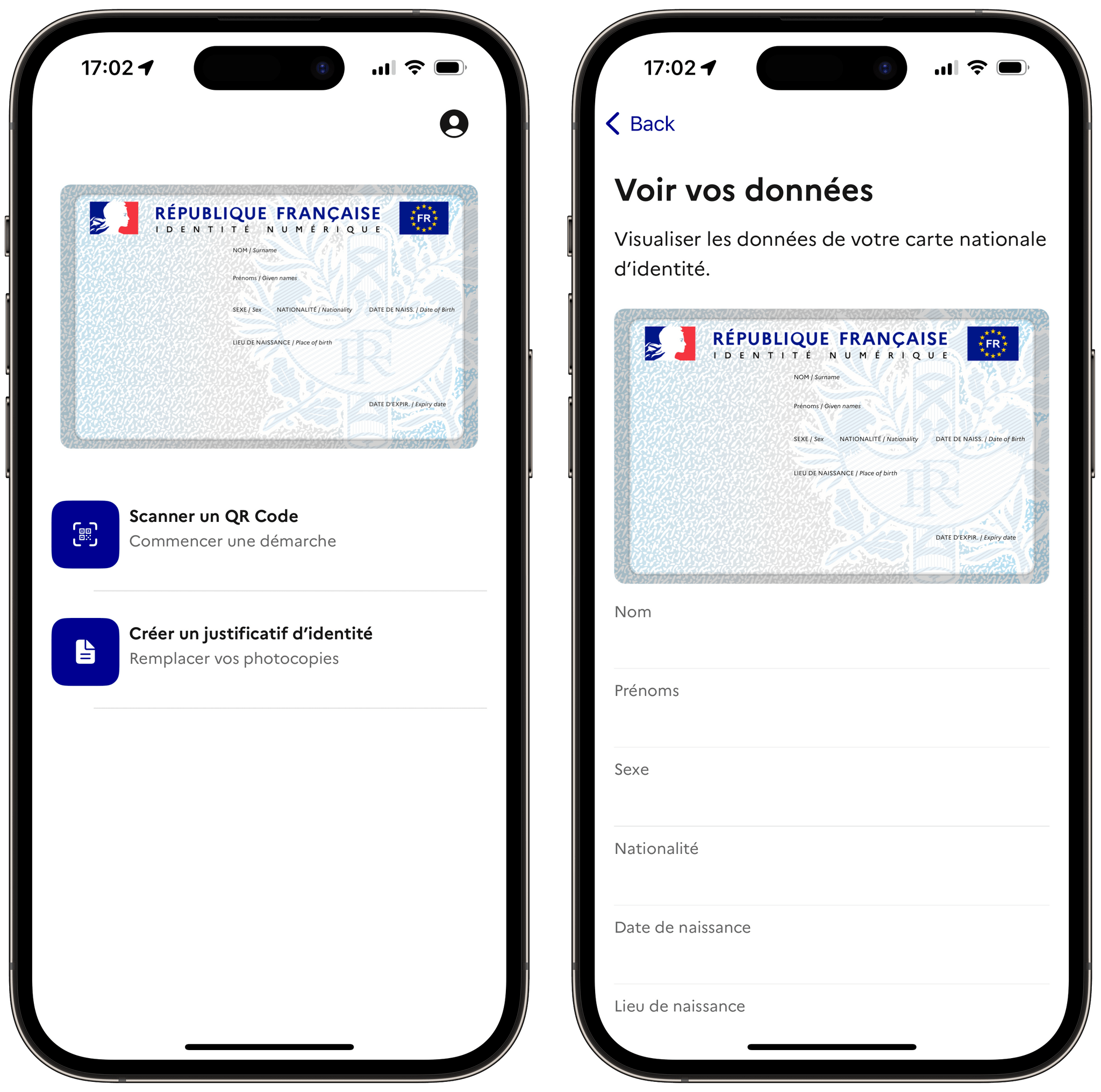 France Identité lets the card holder see all of their personal information on one screen. Note: France Identité automatically strips any personal information from screenshots.