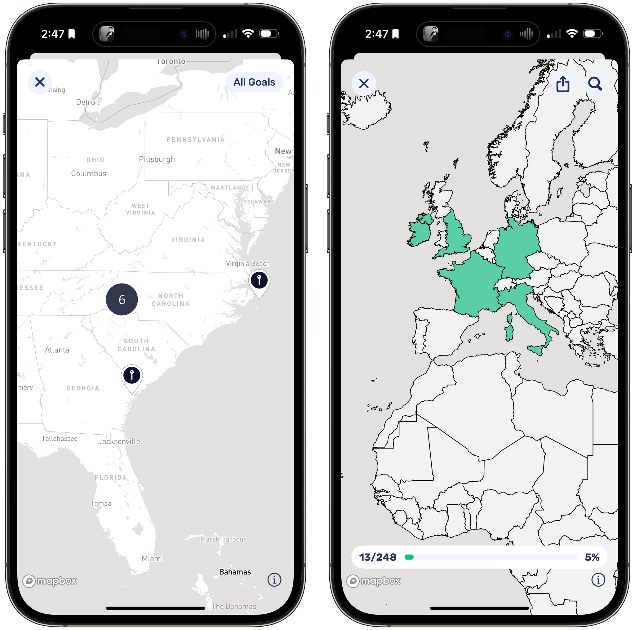 Viewing Goals on a map and marking of countries I've visited.