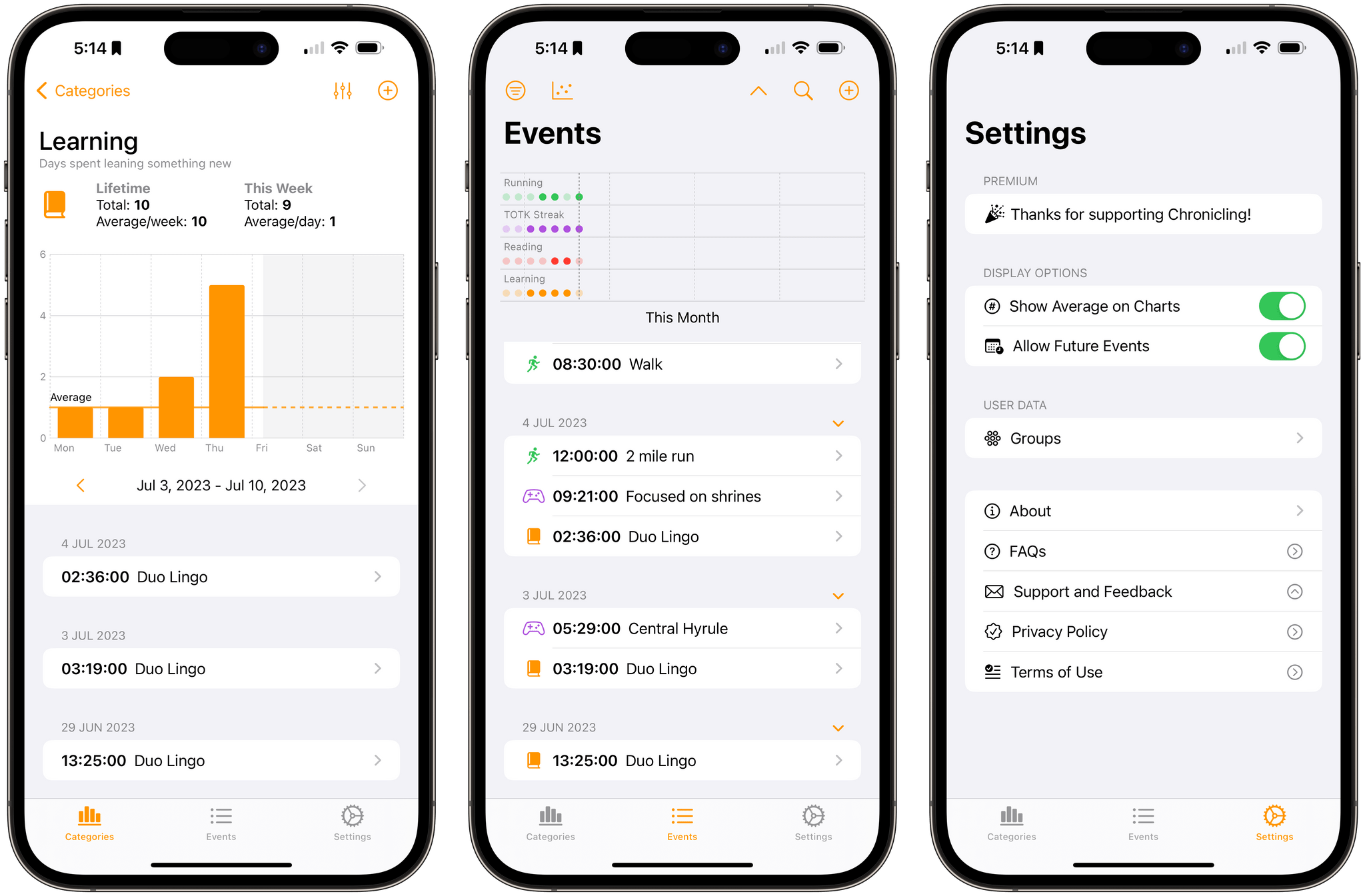 Chronicling looks great in light or dark mode.