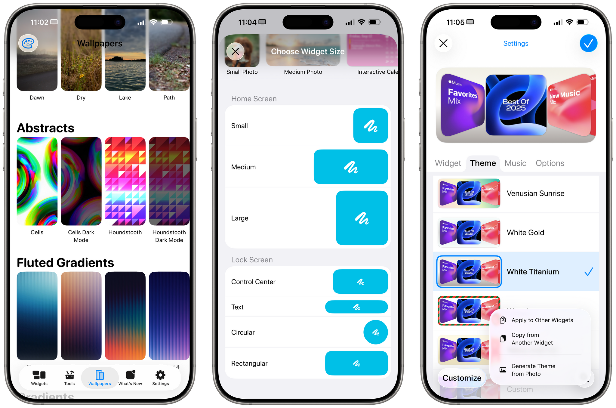 Widgetsmith is a great example of a third-party app that implements several Liquid Glass UI paradigms at once. In this image alone, you can see a new tab bar, redesigned buttons, scroll edge effect, lensing effect, and rounder table views.