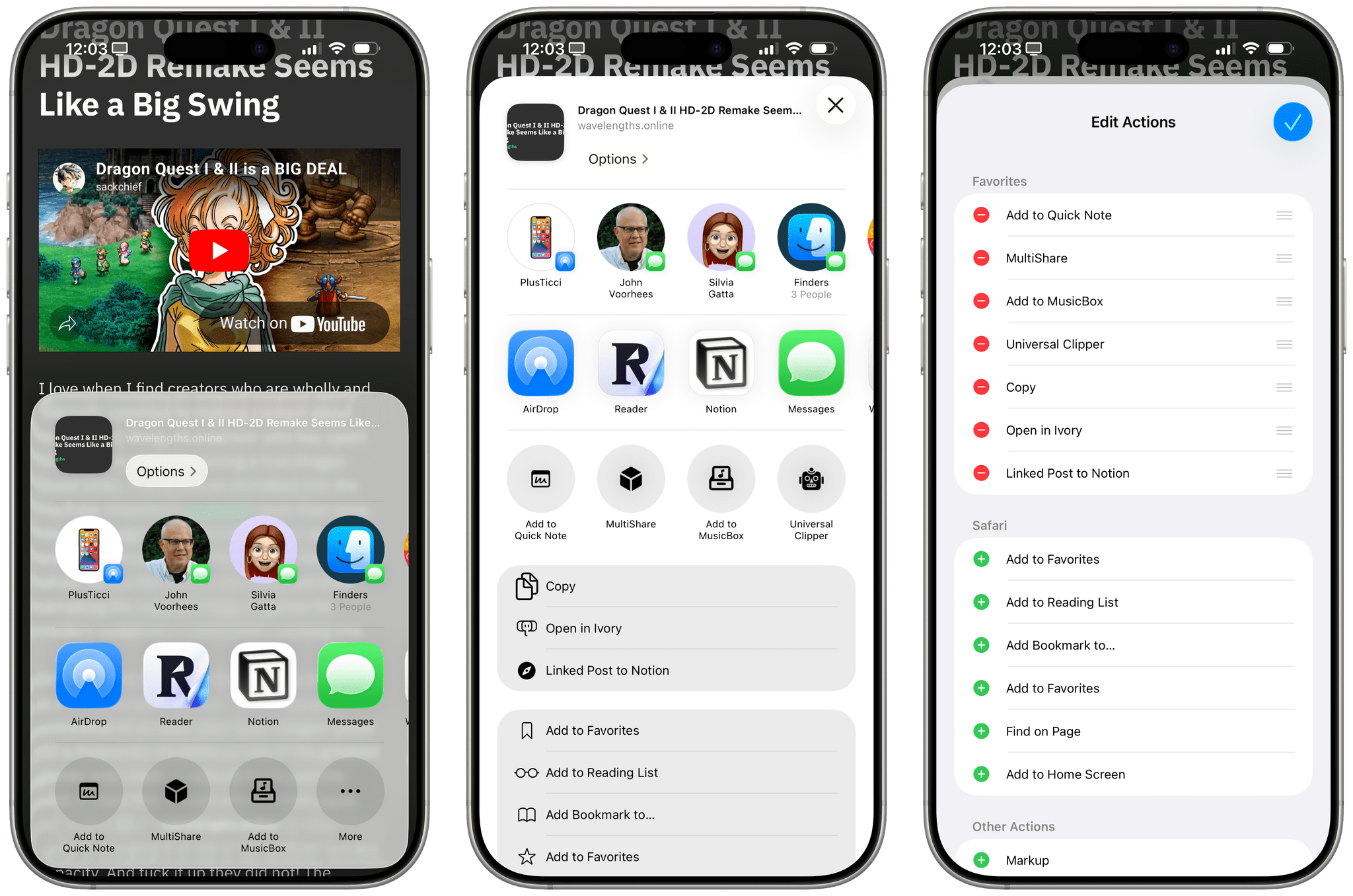 Managing your favorite extensions in iOS 26. Watch what happens to that ‘More’ button (left) when the share sheet is expanded.
