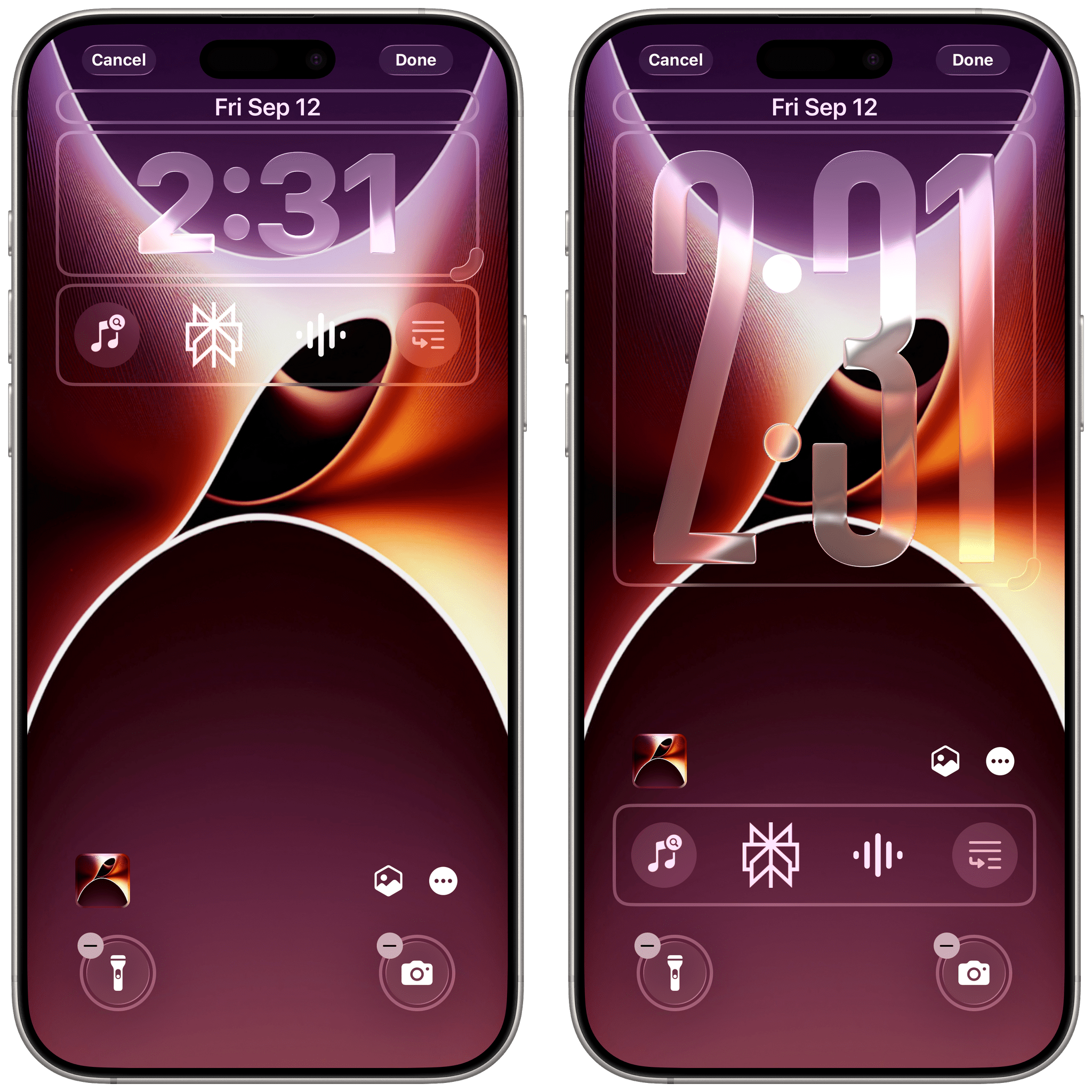 You can choose to keep Lock Screen widgets at the top (with the default clock) or put them at the bottom with the bigger clock.