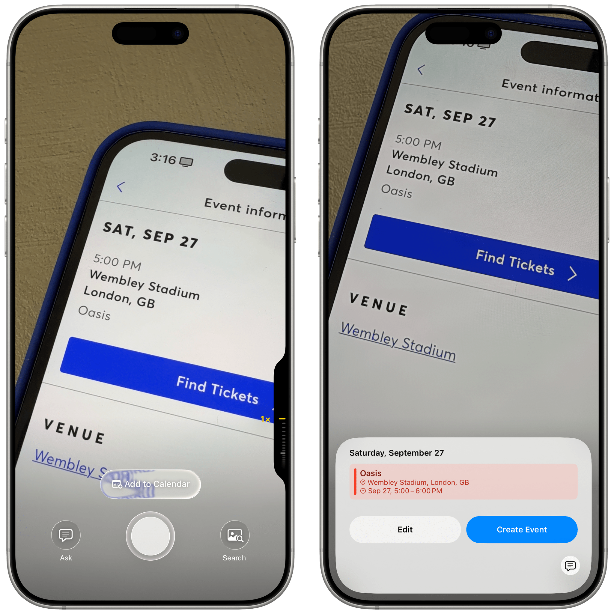 Visual Intelligence can recognize dates in real time, then freeze the frame to let you create a calendar event.