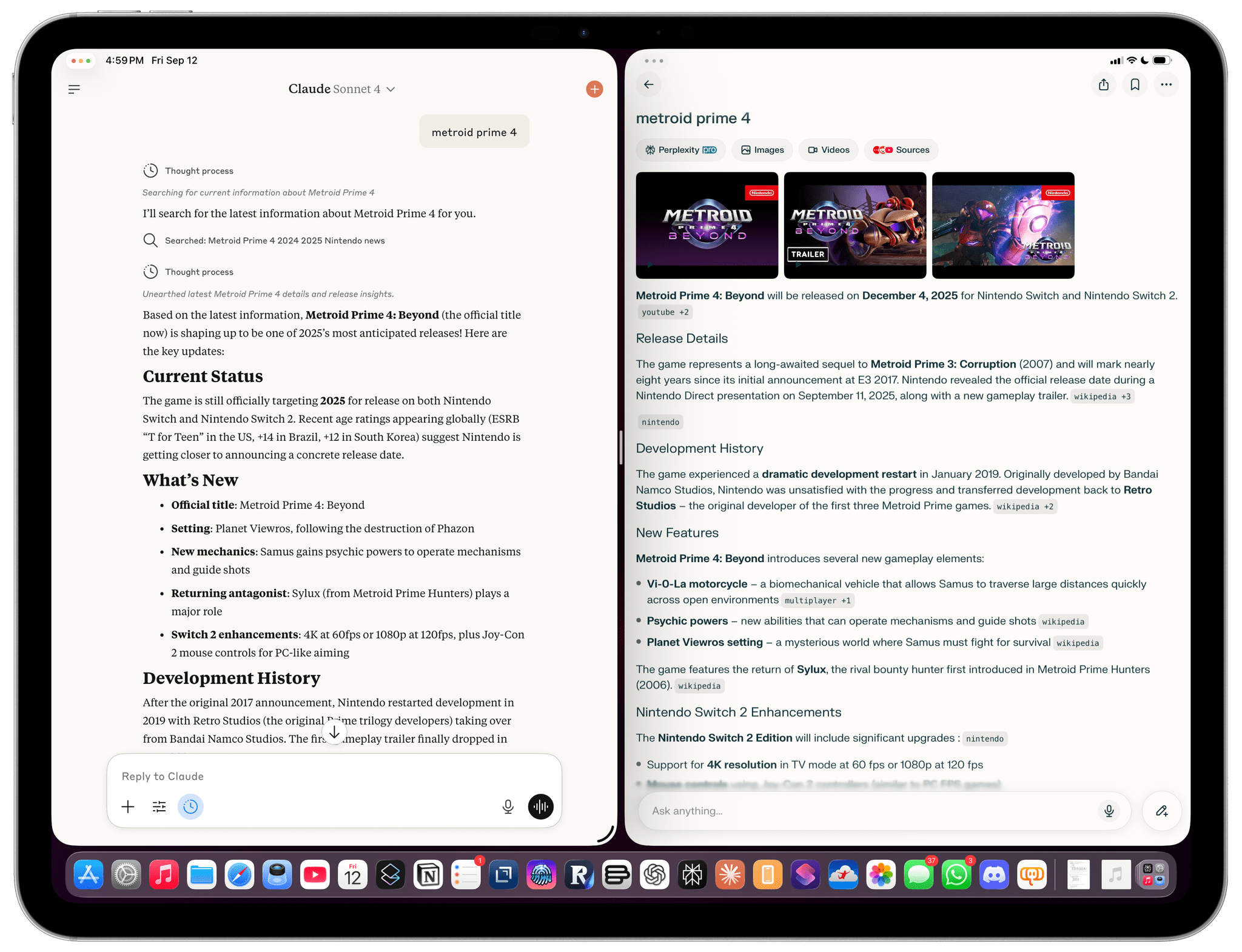 You can recreate the old Split View with the ‘Fill & Arrange’ controls. Also pictured: Perplexity’s superior web search results an hour after the Nintendo Direct wrapped up.