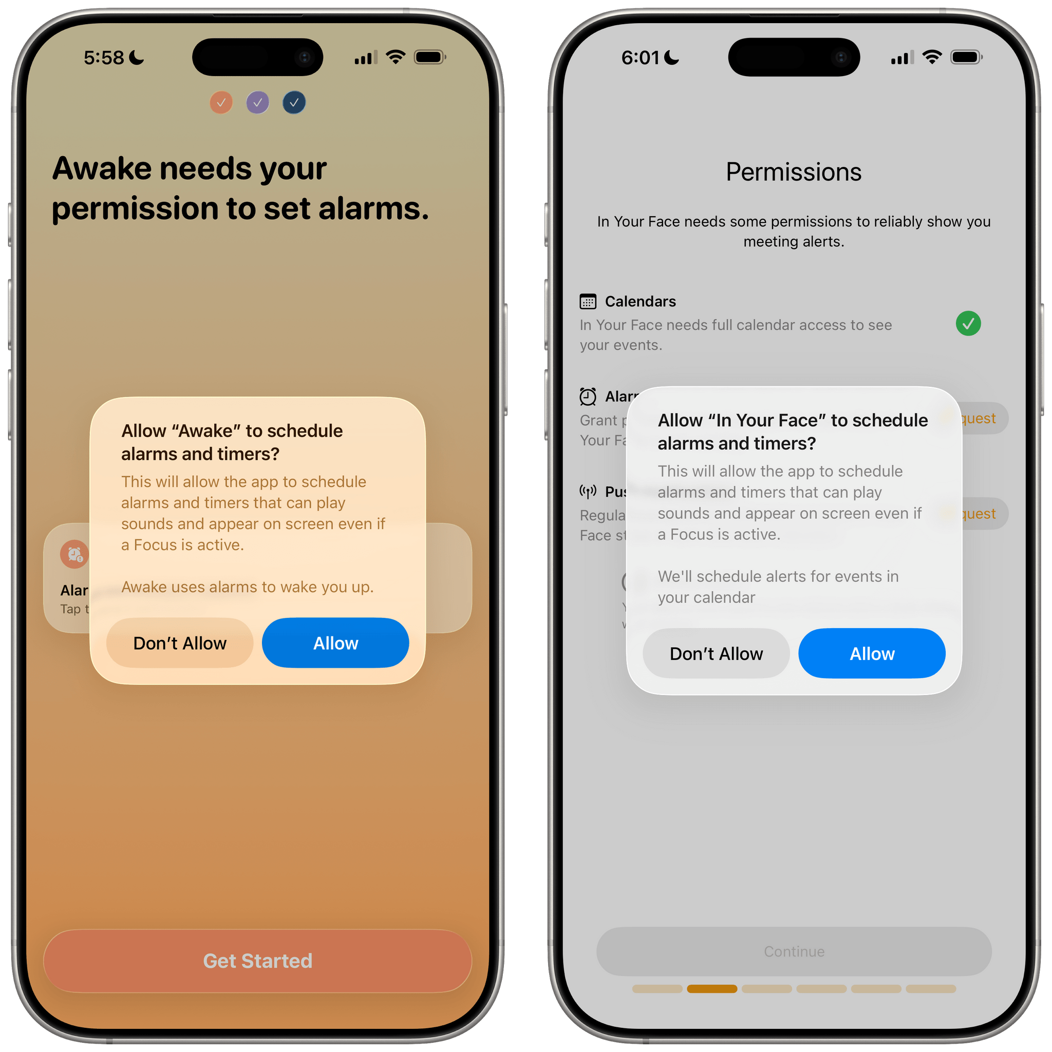 Permission prompts for two AlarmKit-enabled apps.