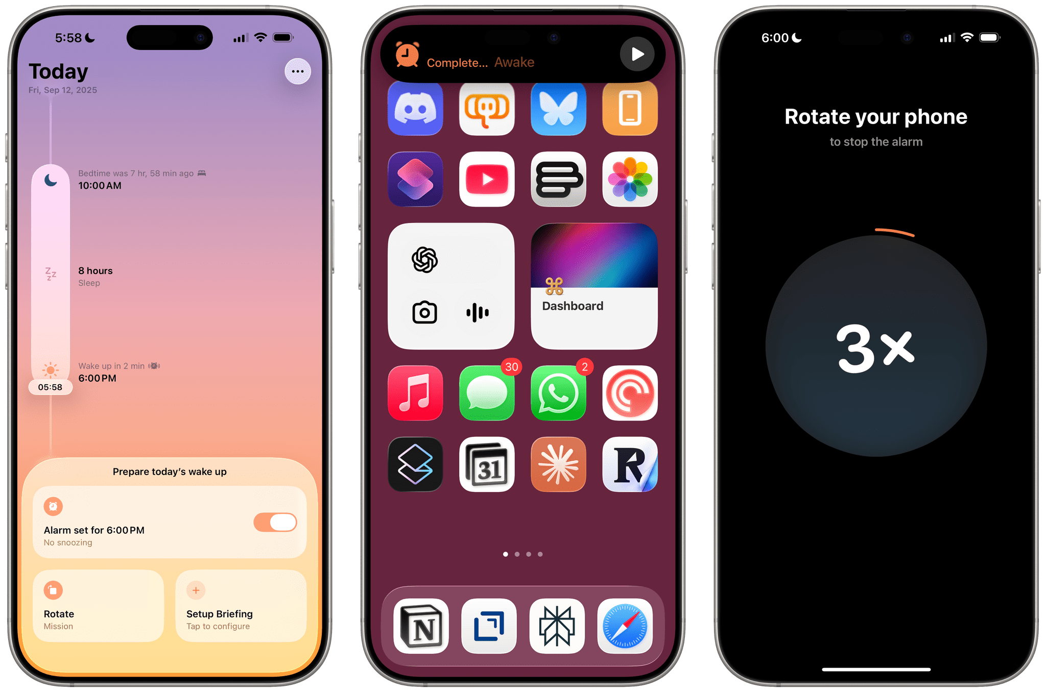 Alarms scheduled with AlarmKit support the Dynamic Island as well. Pictured: Awake.