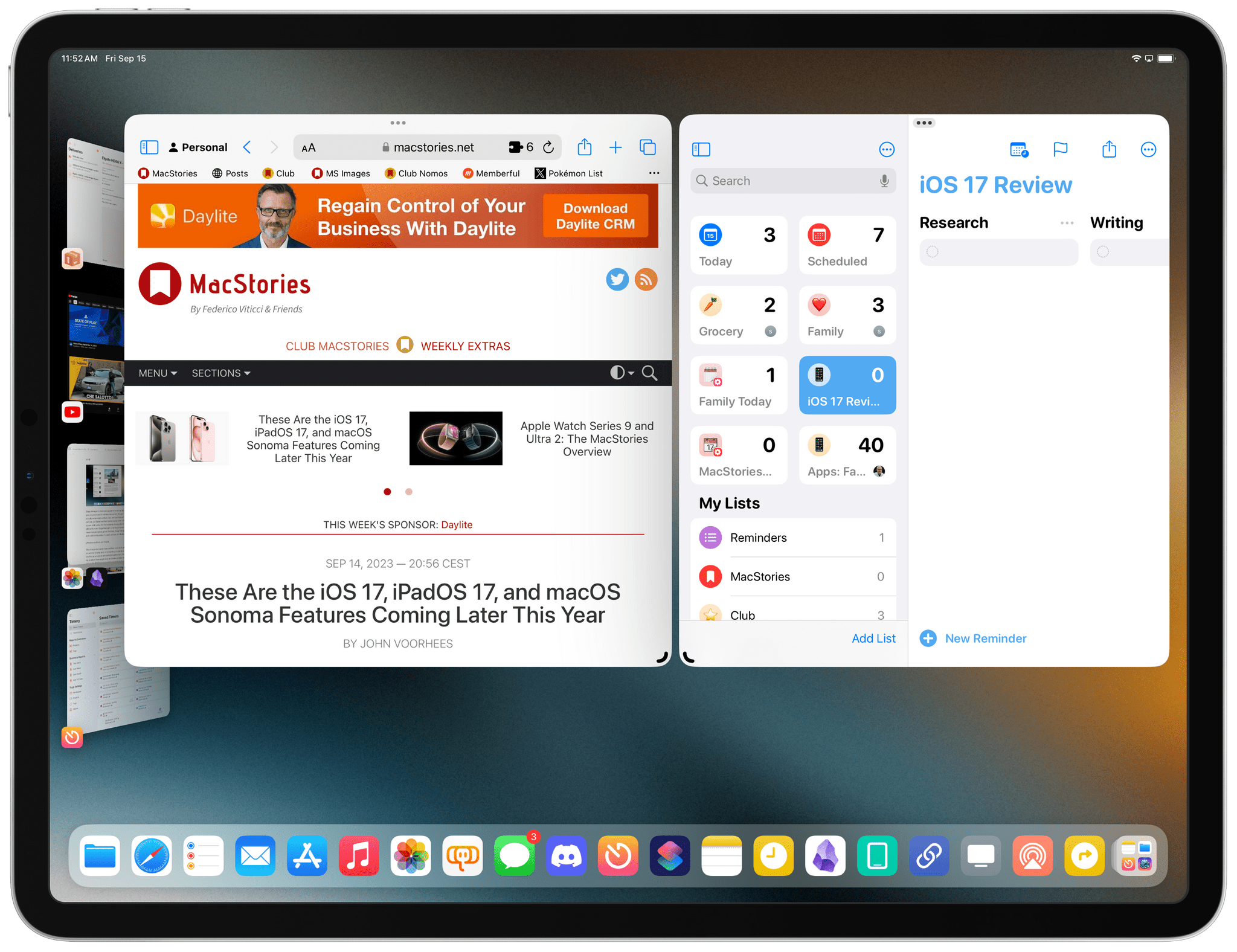This is the setup I created for Safari and Reminders on my iPad Pro's main display.