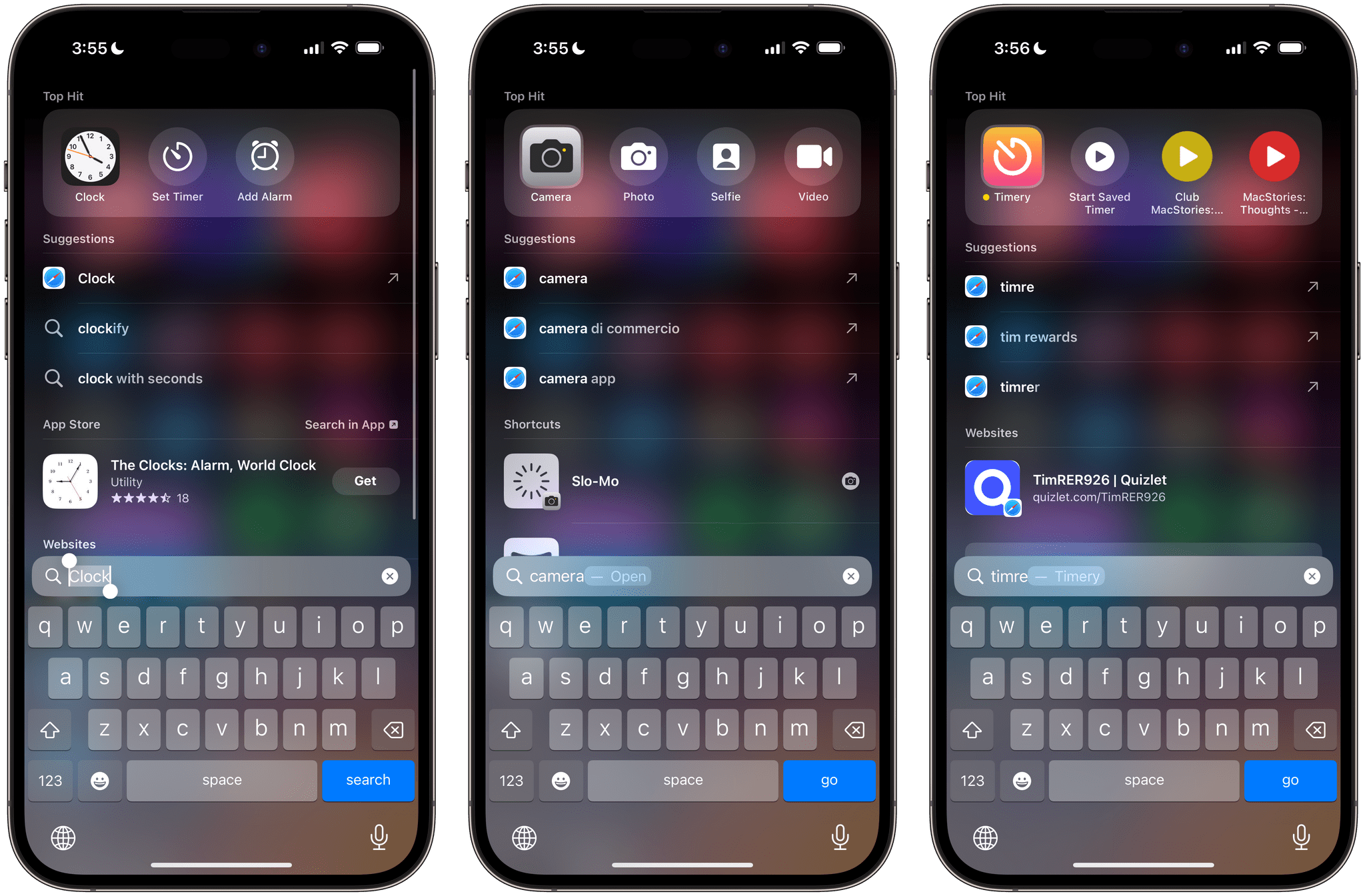 App Shortcuts as Top Hits in Spotlight, displayed alongside the main icon of an app.