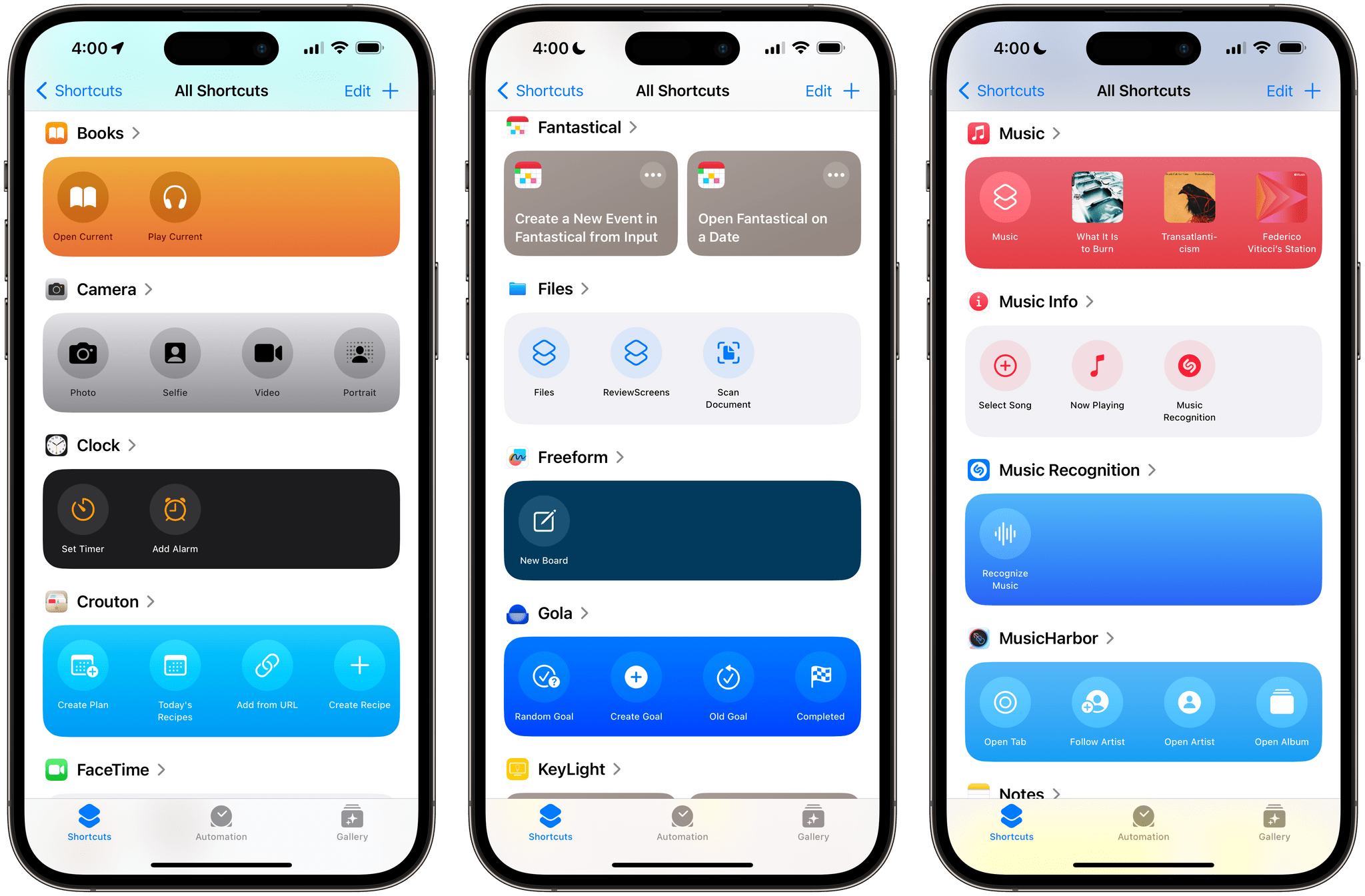 The same App Shortcuts have a new look in the Shortcuts app. Fantastical, which hadn't been updated for iOS 17 when I captured this image, was still using the old style of App Shortcuts (center).