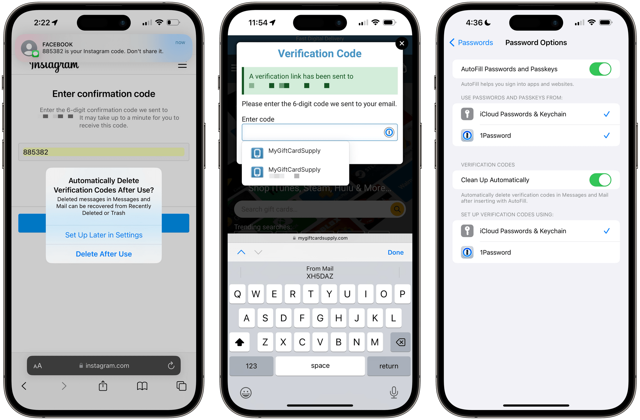 Security code autofill for Messages and Mail. You can now choose to automatically delete these messages after filling, which is an option you can also change in Settings later (right).