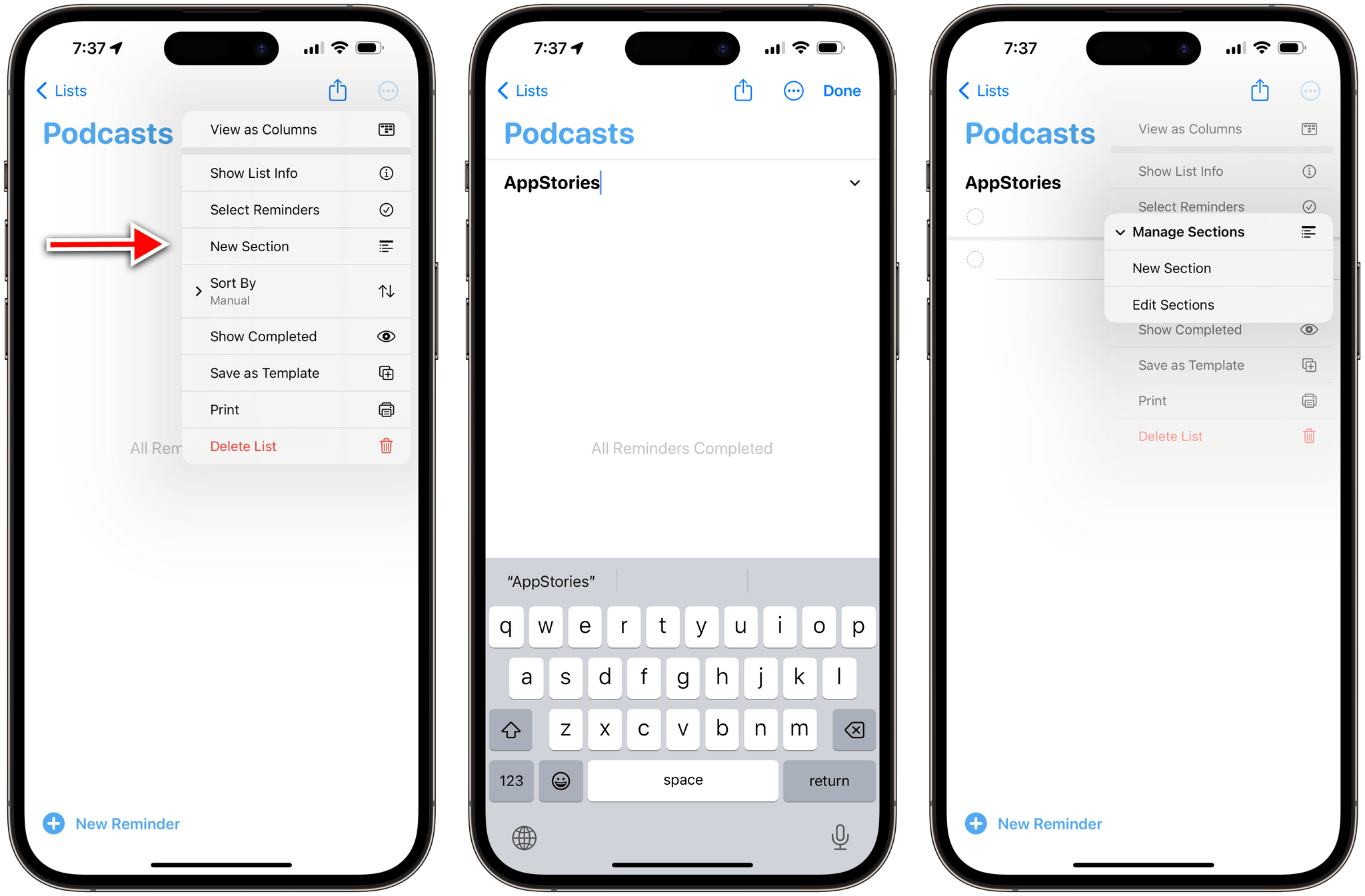 Creating new sections in Reminders for iOS 17.