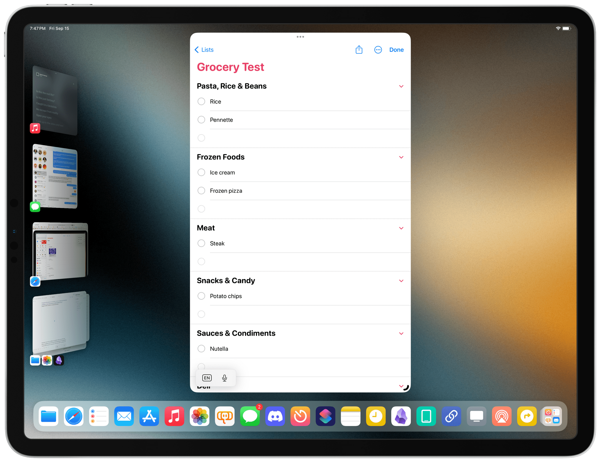 Items in Reminders' new grocery lists get automatically sorted into sections.