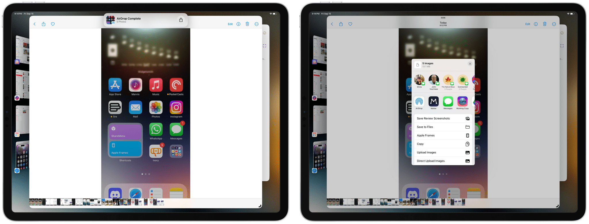 In another nice touch, the activity displayed when receiving photos via AirDrop contains a button to instantly share images with the share sheet.